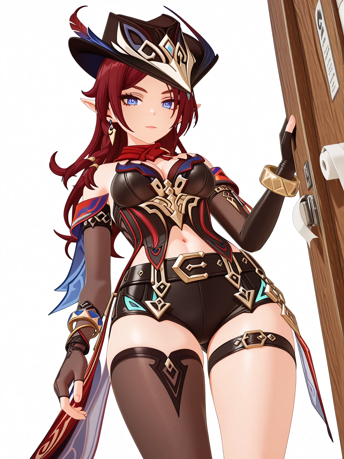 masterpiece, best quality, amazing quality,, <lora:genshin-chasca-ingame-illustriousxl-lora-nochekaiser:1>, chasca, chasca (genshin impactt), long hair, blue eyes, braid, red hair, pointy ears, elf, mature female, medium breasts, 3d, gloves, hat, navel, cleavage, jewelry, bare shoulders, earrings, shorts, black gloves, belt, fingerless gloves, scarf, bracelet, black headwear, thigh strap, single thighhigh, red scarf, hat feather, asymmetrical clothes, from below, toilet stall, privacy, tiles, toilet_paper, door, cowboy shot, solo, looking at viewer, <lora:transparent-background-illustriousxl-lora-nochekaiser:1>, transparent background, simple background, white background