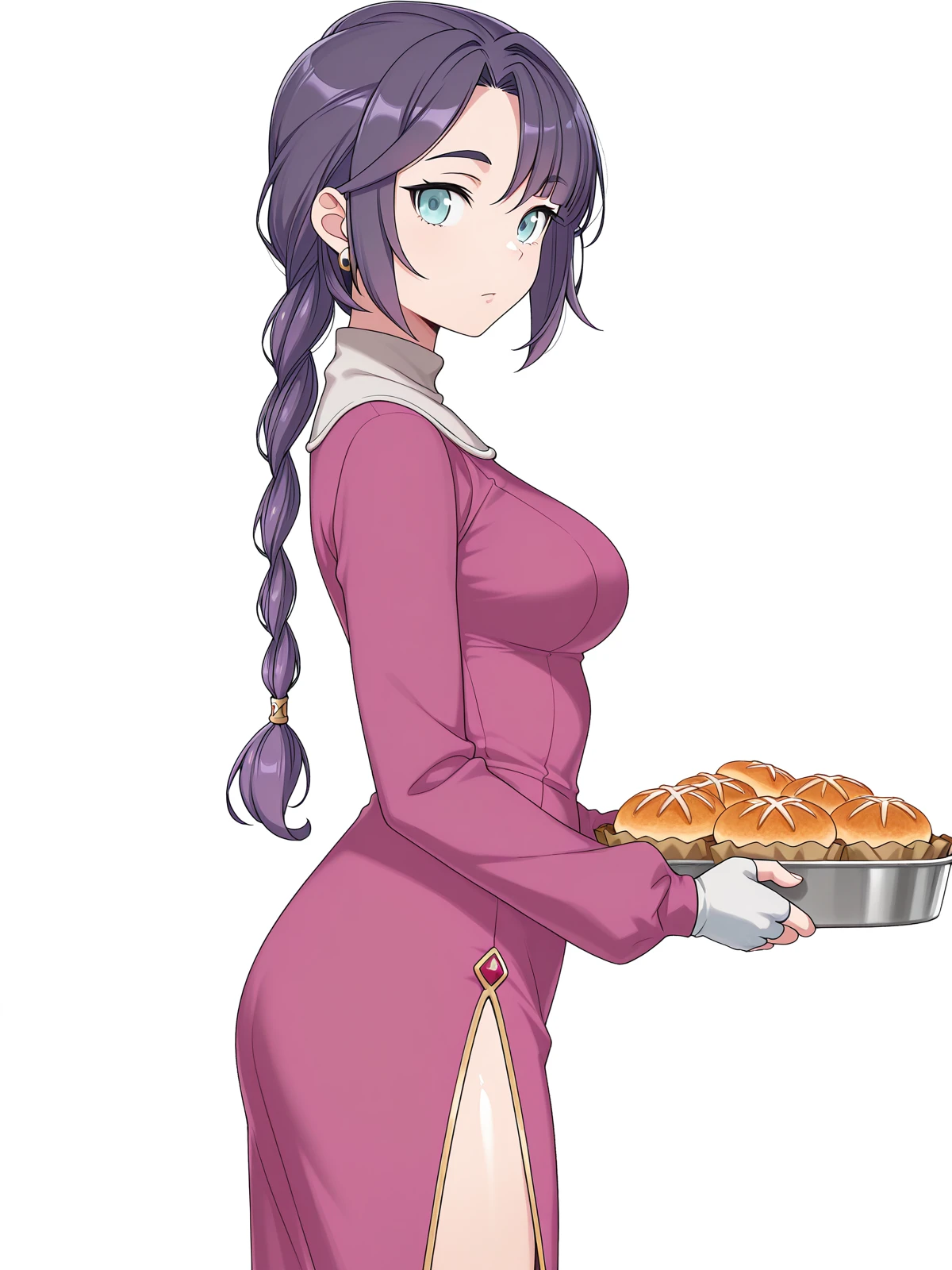 masterpiece, best quality, amazing quality,, <lora:mona-oc-illustriousxl-lora-nochekaiser:1>, mona, blue eyes, purple hair, long hair, braid, braided ponytail, parted bangs, mature female, medium breasts, anime screencap, fingerless gloves, hoop earrings, jewelry, white muffler scarf, side slit, pink dress, long sleeves, from side, bakery, bread, pastries, sweets,, cowboy shot, solo, looking at viewer, <lora:transparent-background-illustriousxl-lora-nochekaiser:1>, transparent background, simple background, white background