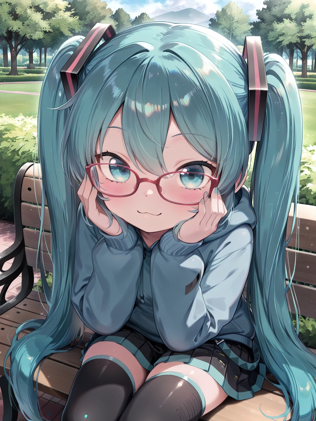 1girl, hatsune miku, 
twintails, red-framed eyewear, 
blue hoodie, pleated skirt, thighhighs, 
park, sitting on bench, leaning forward, hands on own face, :3, looking at viewer, ZSA_IL_Pos,