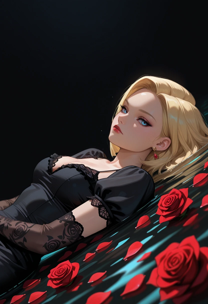 very awa, masterpiece, best quality, absurdres, newest, perfect quality, detailed background, intricate details
<lora:ILDBAndr01d18:1>
DBAndr01d18, 1girl, blonde hair, blue eyes, short hair, red flower, elbow gloves, red rose, lying, cleavage, on back, looking at viewer, red dress, black gloves, long hair, jewelry, puffy short sleeves, earrings, rose petals, dutch angle, lace trim, puffy sleeves, lace-trimmed gloves, water, partially submerged, red lips, from side, depth of field, frills, closed mouth, black dress, looking to the side, gem, rose print, black background, lace-trimmed dress