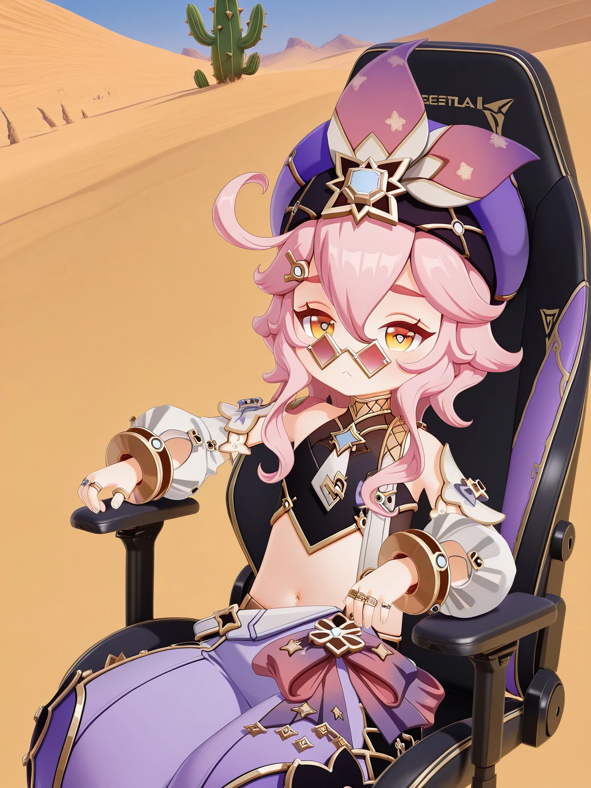masterpiece, best quality, amazing quality,, <lora:genshin-dori-ingame-illustriousxl-lora-nochekaiser:1>, dori, dori (genshin impact), hair ornament, hair between eyes, yellow eyes, pink hair, ahoge, sidelocks, symbol-shaped pupils, sunglasses, short hair with long locks, 3d, shirt, long sleeves, hair ornament, hat, jewelry, bare shoulders, detached sleeves, sleeveless, pants, puffy sleeves, midriff, stomach, bracelet, crop top, black shirt, sleeveless shirt, sunglasses, ring, puffy long sleeves, white sleeves, tinted eyewear, purple headwear, multiple rings, pince-nez, purple pants, puffy detached sleeves, arabian clothes, puffy pants, harem pants, <lora:secretlab-chair-illustriousxl-lora-nochekaiser:1>, secretlab chair, chair, office chair, gaming chair, sitting, cowboy shot, elbow rest, desert, sand, dunes, cacti, heat, cowboy shot, solo, looking at viewer,