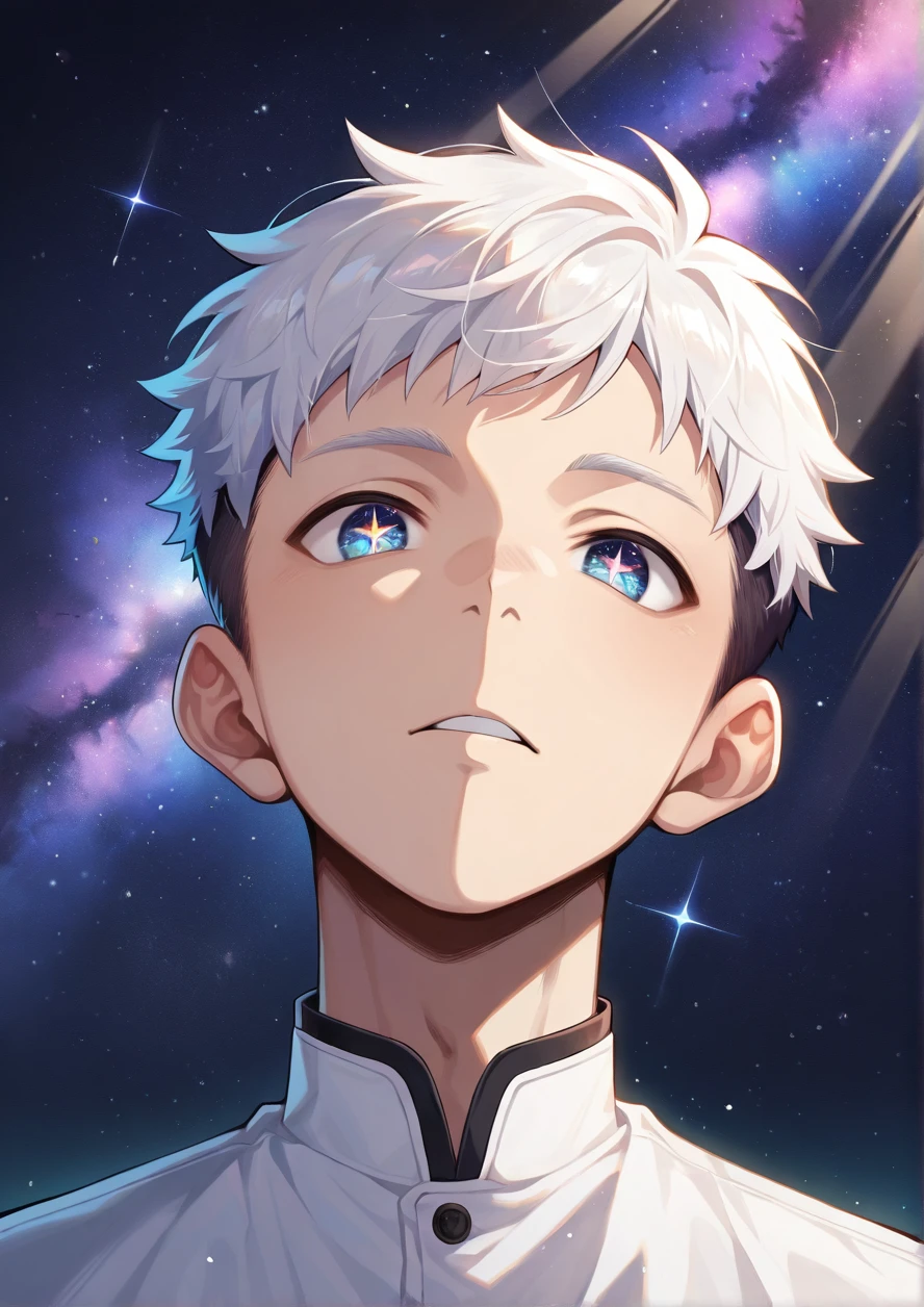 masterpiece,best quality,high quality,detailed background,very aesthetic,absurdres,4k,stylized,newest,looking at viewer,1boy,white hair,symbol-shaped pupils,very short hair,galaxy,light particles,light rays,wallpaper,high contrast,colorful