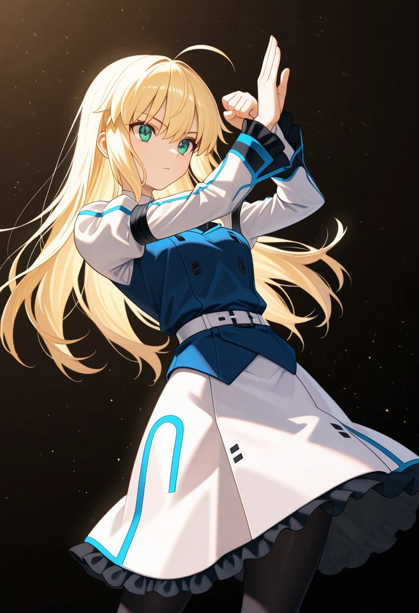 masterpiece, best quality, amazing quality, highres, absurdres, high resolution, ultra detailed, perfect details, aesthetic, ultra-detailed, high quality, newest, scenery, extreme detail, 8k, light particles, soft lighting, volumetric lighting, intricate details, finely detailed, detailed eyes, 1girl, solo, artoria_pendragon_(fate), blonde hair, hair down, long hair, green eyes, white collar with blue trim, blue isuni_vest, isuni_long dress, notched collar with blue trim, white isuni_uniform with blue trim, long sleeves with blue trim, frilly skirt, frilly sleeve trim, white belt, long dress, white and black long skirt with blue trim, black pantyhose, puffy sleeves, armbands, juliet sleeves, standing, contrapposto, arching back, cowboy shot, fighting stance, hands up, frowning