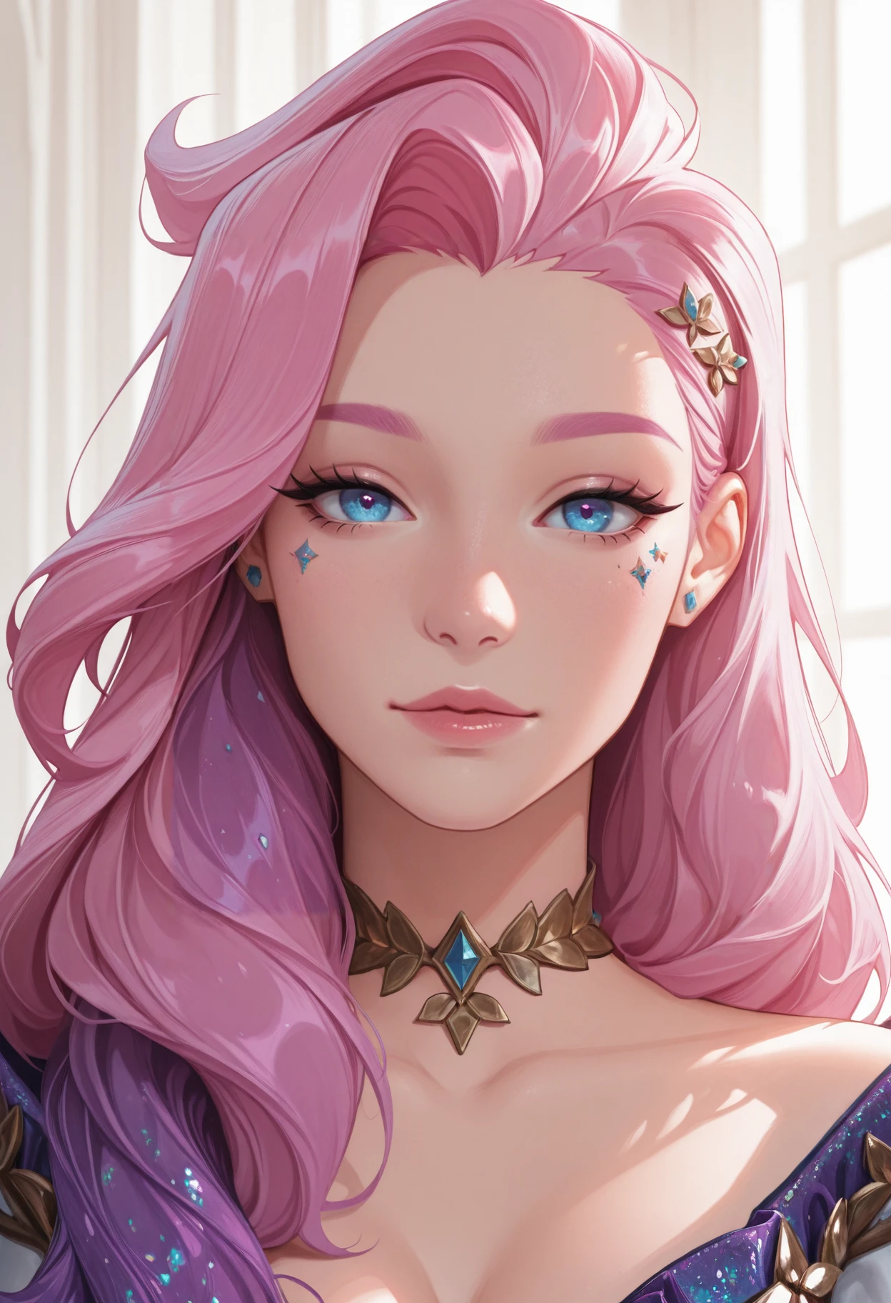 very awa, masterpiece, best quality, absurdres, newest, perfect quality, detailed background, intricate details, solo,
<lora:ILLOLSeraphine:1>
LOLSeraphine, 1girl, blue eyes, pink hair, long hair, asymmetrical bangs, blue eyes, looking at viewer