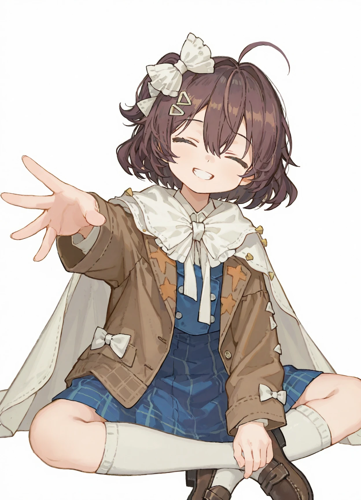 very awa,masterpiece,huge filesize,best quality,newest,[[4 fingers]],4toes,
realistic,[[artist:ciloranko]],highres,
((solo:1.5)),1girl,<lora:kanat0.v1:0.8>,kanat0,<lora:Age-V2:2>,
real world location,photo bashing,
<lora:Flutterpage2:1>,zxqe2,brown hair,short hair,ahoge,hair between eyes,aqua eyes,brown jacket,open clothes,white cape,blue dress,plaid skirt,medium skirt,white socks,kneehighs,brown footwear,black shoes,loafers,hair ornament,buttons,frills,ribbon,white bow,hair bow,origami,
white background,simple background,full_shot,dynamic pose,sitting,looking_at_viewer,reaching towards viewer,kind_smile,grin,closed eyes,