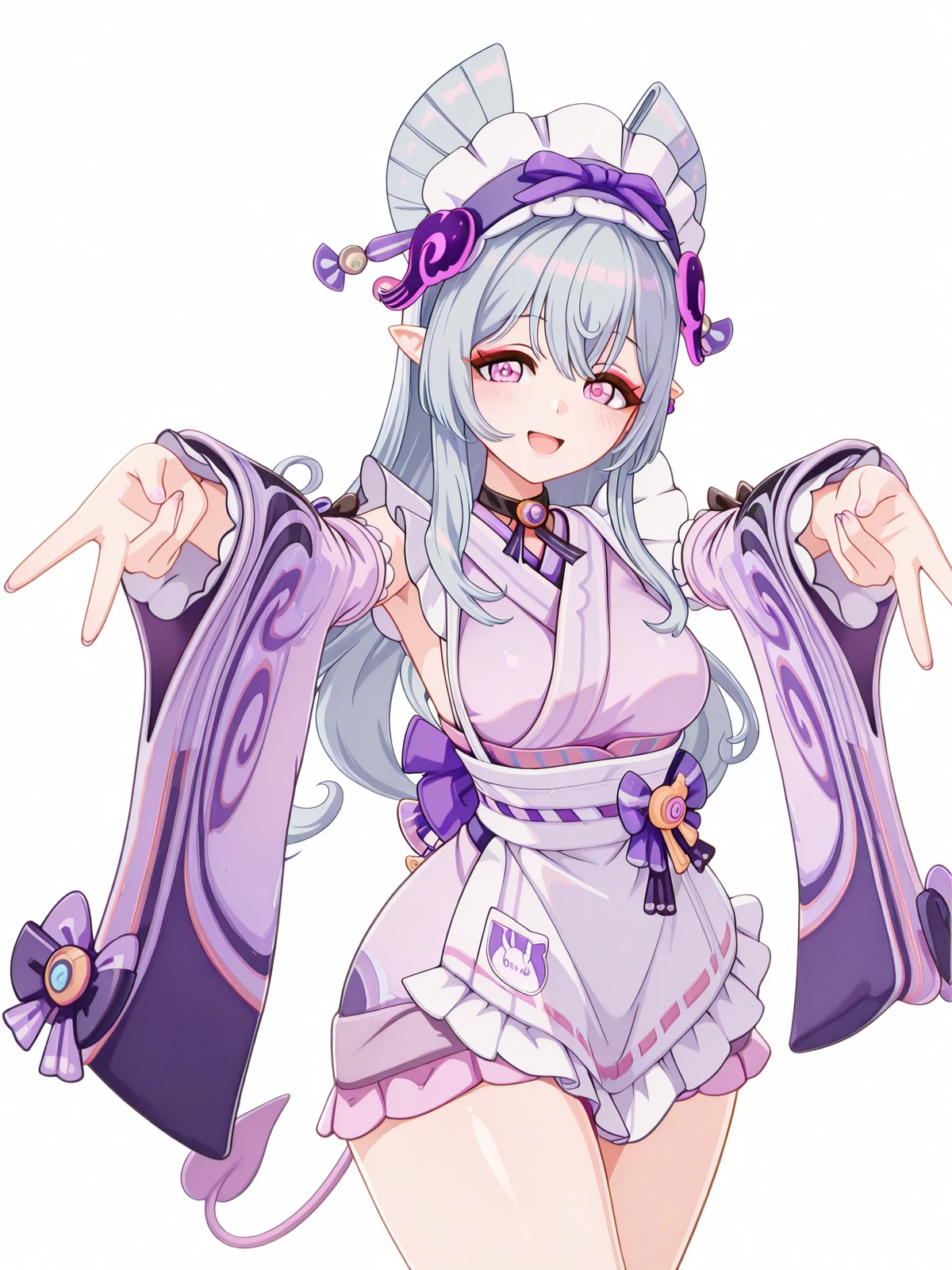 masterpiece, best quality, amazing quality,, <lora:genshin-mizuki-yumemizuki-ingame-illustriousxl-lora-nochekaiser:1>, mizuki yumemizuki, long hair, purple eyes, tail, grey hair, hairband, pointy ears, pink eyes, mature female, medium breasts, 3d, long sleeves, bow, frills, detached sleeves, japanese clothes, wide sleeves, kimono, apron, maid, sash, maid headdress, white apron, waist apron, purple kimono, wa maid, <lora:double-gyaru-v-illustriousxl-lora-nochekaiser:1>, doublegyaruv, solo, looking at viewer, blush, smile, open mouth, standing, cowboy shot, double v,, sex shop, toys, privacy, items, unique, cowboy shot, solo, looking at viewer, <lora:transparent-background-illustriousxl-lora-nochekaiser:1>, transparent background, simple background, white background