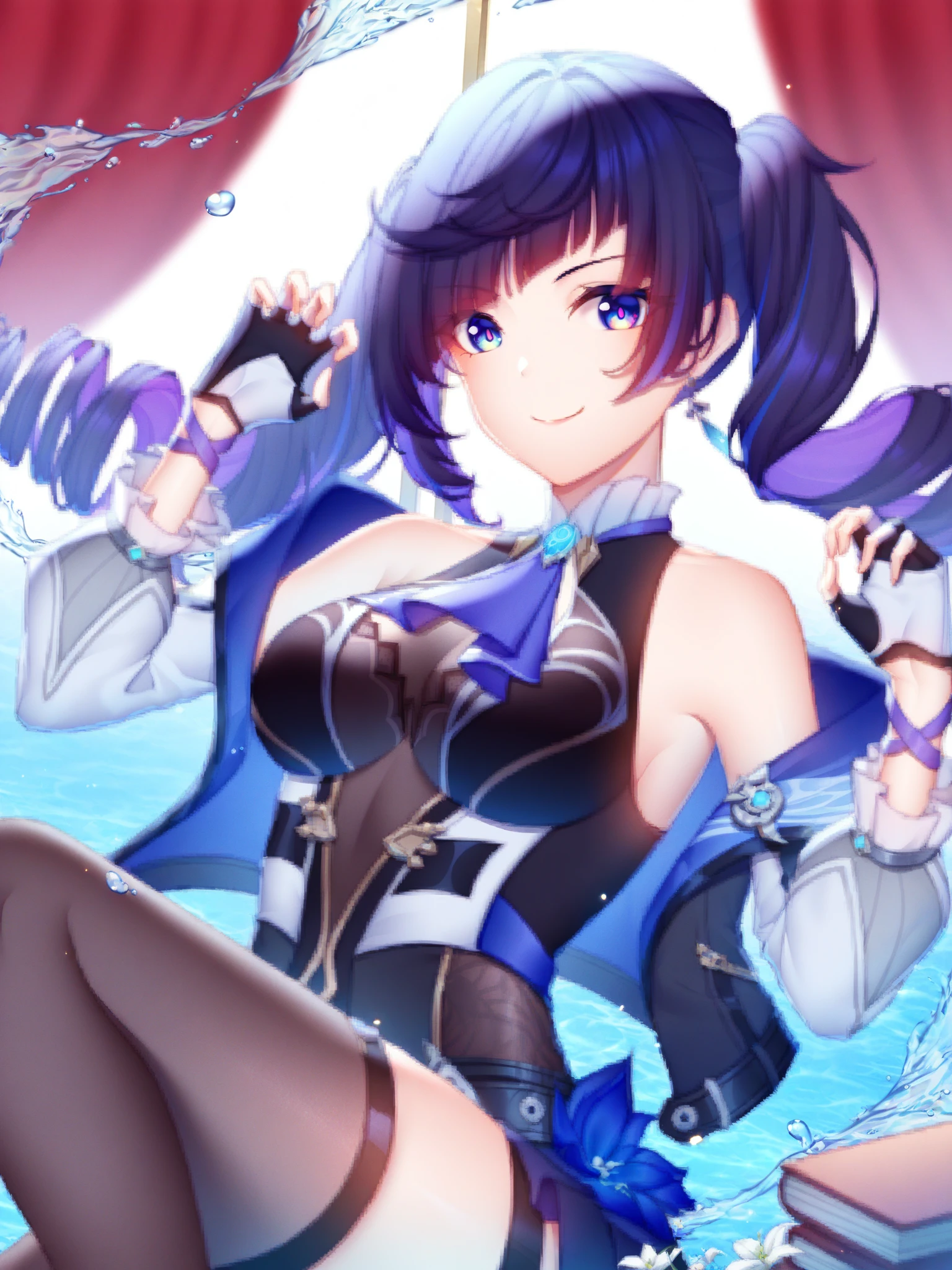 <lora:LightRiaArt-05:1> lightriaart, lightria, 1girl, aiming, bare shoulders, black bodysuit, black gloves, black jacket, black leotard, blue eyes, blue flower, blurry, book, breasts, claw pose, curtains, diagonal bangs, fingerless gloves, floating hair, frills, gloves, holding, jacket, jewelry, knee up, legs, lightria, lightriaart, long hair, looking at viewer, medium breasts, multicolored eyes, no headwear, open jacket, purple ascot, purple hair, purple eyes, skirt, smile, solo, thighhighs, thighs, twin drills, twintails, upper body, water, white flower, white gloves, white headwear, white sleeves