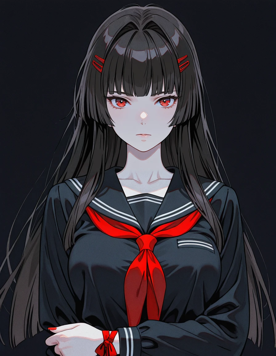 masterpiece,best quality,amazing quality,very aesthetic,high resolution,ultra detailed,perfect details,
solo,mature female,(age_up:1),<lora:maipgrsaotomeyuka:1>,maipgrsaotomeyuka,1girl,solo,long_hair,hime_cut,sidelocks,black_hair,looking_at_viewer,long_sleeves,red_eyes,closed_mouth,school_uniform,serafuku,black_serafuku,blunt_bangs,black_shirt,red_nails,red_neckerchief,neckerchief,shirt,breasts,nail_polish,sailor_collar,black_sailor_collar,hair_intakes,simple_background,collarbone,upper_body,hairclip,expressionless,black_background,pale_skin,straight-on,wrist_ribbon,holding_own_arm,<lora:retro_scifi_artstyle:1>,retro_artstyle,