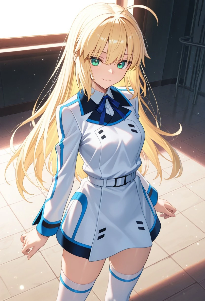 masterpiece, best quality, amazing quality, highres, absurdres, high resolution, ultra detailed, perfect details, aesthetic, ultra-detailed, high quality, newest, scenery, extreme detail, 8k, light particles, soft lighting, volumetric lighting, intricate details, finely detailed, detailed eyes, 1girl, solo, artoria_pendragon_(fate), blonde hair, hair down, long hair, green eyes, blue neck ribbons, isuni_short dress, notched collar with blue trim, white isuni_uniform with blue trim, long sleeves with blue trim, white belt, short dress, white and black skirt with blue trim, white thighhighs with blue trim, standing, smiling, winking