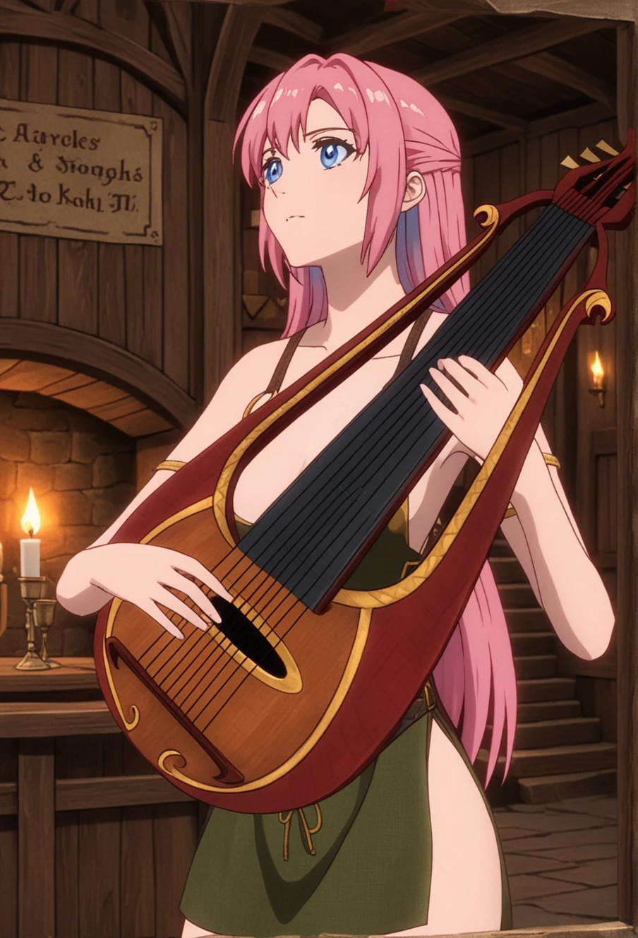 anime artwork, anime style, studio anime, 8k, ultra-detailed, masterpiece. inside, medieval tavern, fantasy tavern, wood walls, evening, candles in background, dimlight, cozy atmosphere, night time. <lora:shikimorisanXLv1:0.95> shikimorisan, pink hair, long hair, bangs, playing lute, close view, <lora:Minidress_Wench_XL:0.9> sk_minidress_wench, dress, perfect hand, detailed hand BREAK blue eyes