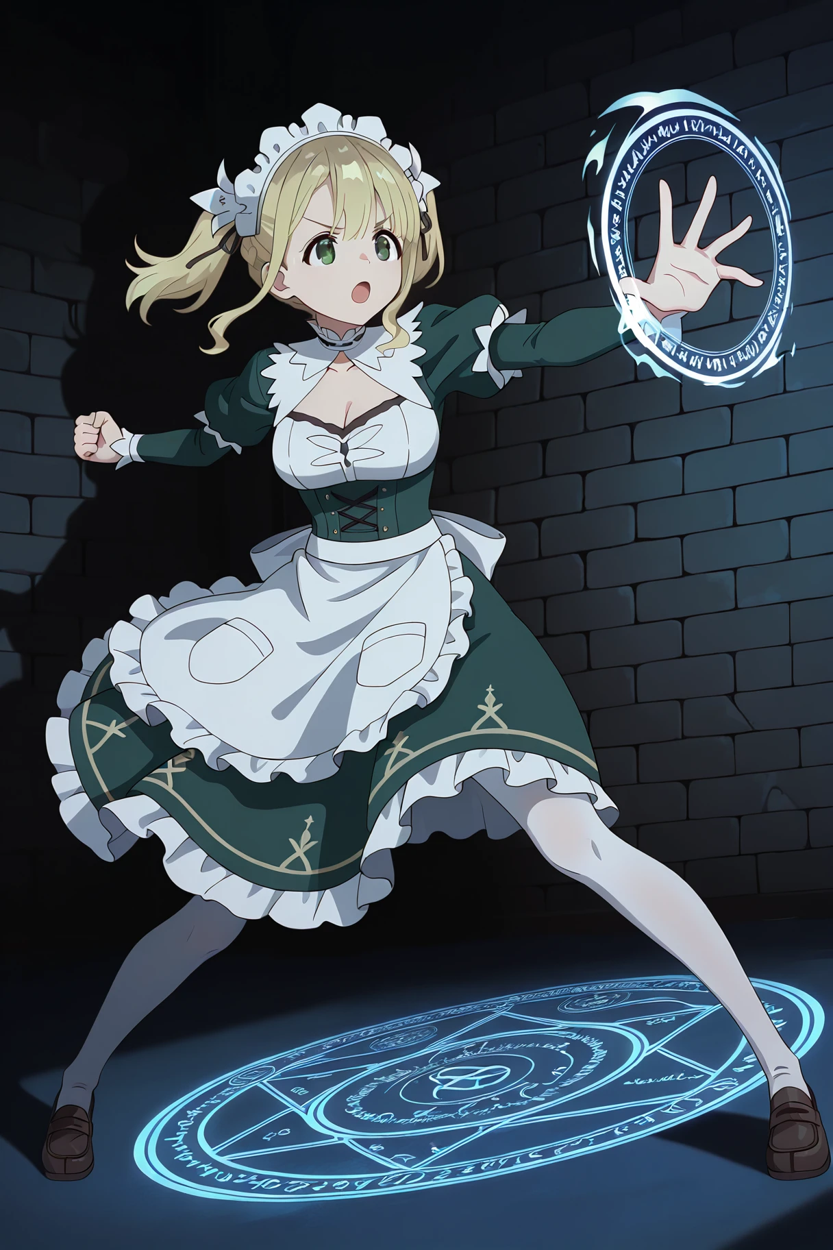 masterpiece, best quality, absurdres, very aesthetic, general,
ellie walker, 1girl, green eyes, solo, maid, blonde hair, maid headdress, open mouth, cleavage, magic circle, white legwear, frills, twintails, , green dress, maid apron, white apron, full body, long hair, black footwear, clenched hand, juliet sleeves, shadow, sidelocks, frilled apron, floating hair, frilled dress, waist apron, :o, v-shaped eyebrows, , hair ornament, standing, hair ribbon, looking at viewer, dark, night, indoors, dark room, brick wall, outstretched arms, brown footwear, outstretched arm, hair between eyes, fighting stance, eyebrows visible through hair, black dress, puffy long sleeves, corset, sky, french braid, skirt, thighhighs, pocket, side ponytail, short hair, cleavage cutout, clenched hands, enmaided, looking to the side, collarbone, magic, loafers, white pantyhose, black ribbon, short twintails, open hand, frilled skirt
<lora:ellie_walker_illustXL_locon_v1:0.8>