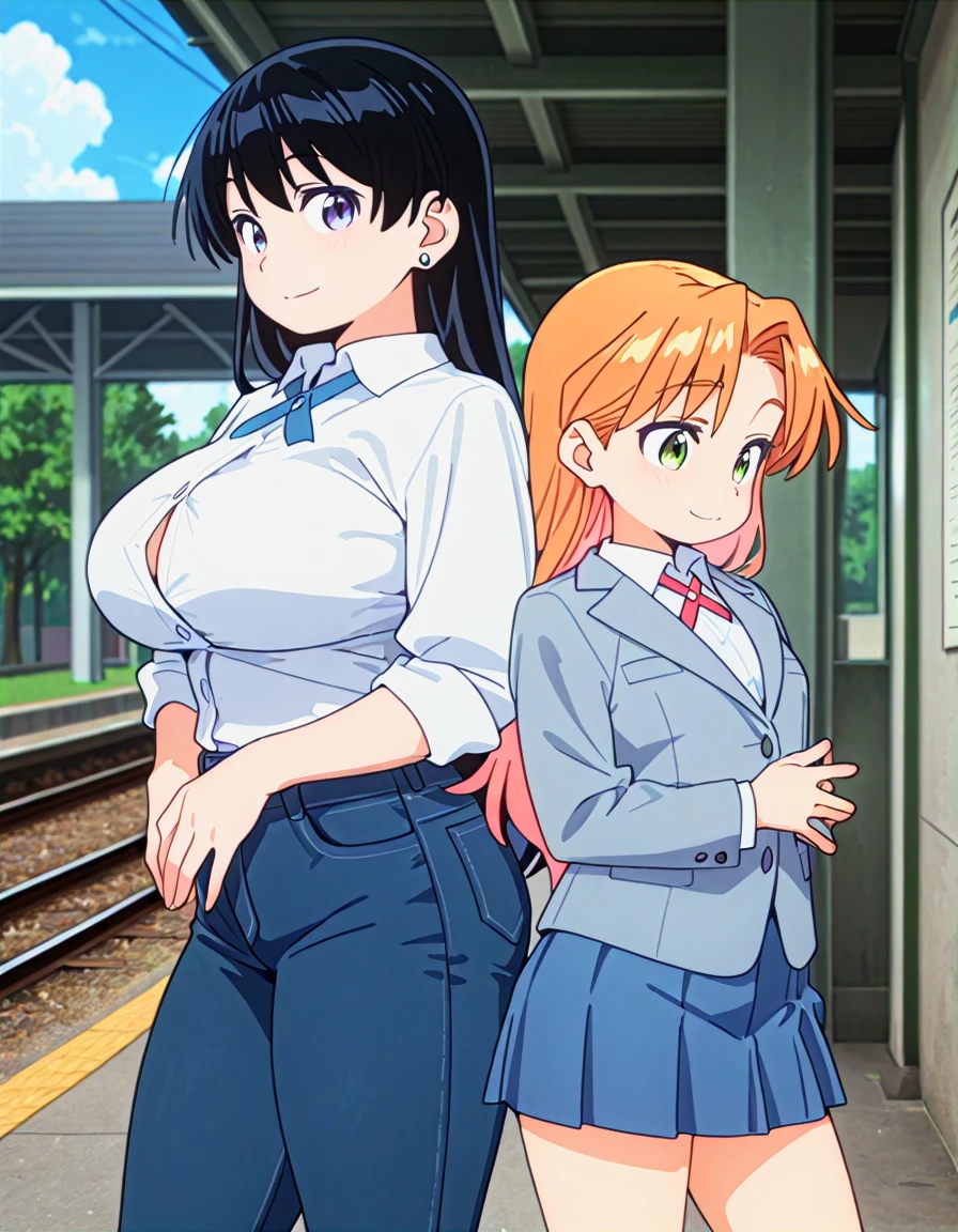 masterpiece, best quality, anime coloring, contrapposto, 2girls, tanigawa ruri, short girl, orange hair, gray jacket, collared shirt, cross tie, gray miniskirt, (height difference:1.2), back-to-back, arato nagi, tall girl, black hair, collared shirt, partially unbuttoned, cleavage, jeans, smile, smile, friends, cowboy shot, outdoors, train station, <lora:ruri_and_nagi-000016:1>