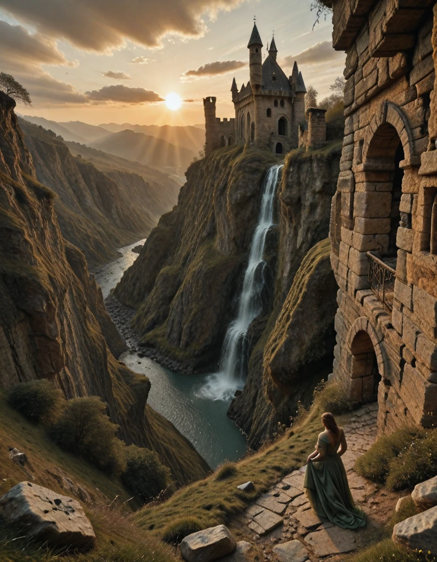 <lora:MW_Roma02illv2:1>R05, medieval, castle, ancient stone ruins on a mossy hill, crumbling towers bathed in golden sunset light, majestic landscape stretching into the distance, soft rolling valleys, cascading waterfall in a rocky crevice, warm glowing sky, romantic atmosphere, lone woman in a flowing pale green gown with long auburn hair, standing on the edge of the cliff, wind lifting her dress, watching the horizon, high fantasy mood, cinematic lighting, enchanted ruins, magical realism, peaceful epic scene, storybook illustration, timeless beauty, fairytale composition, dramatic sky, serene wonderland,