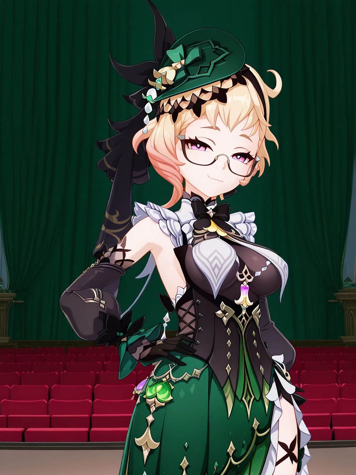 masterpiece, best quality, amazing quality,, <lora:genshin-emilie-ingame-illustriousxl-lora-nochekaiser:1>, emilie, emilie (genshin impact), short hair, blonde hair, pink eyes, ahoge, multicolored hair, glasses, gradient hair, semi-rimless eyewear, mature female, medium breasts, 3d, bare shoulders, black bow, black bowtie, black corset, black gloves, black ribbon, black shirt, bowtie, breast curtains, corset, detached sleeves, fascinator, green hat, green skirt, hat, long sleeves, side slit, skirt, sleeveless, sleeveless shirt,, smug, hand on own hip,, theater, stage, seats, performance, curtains, cowboy shot, solo, looking at viewer, <lora:transparent-background-illustriousxl-lora-nochekaiser:1>, transparent background, simple background, white background