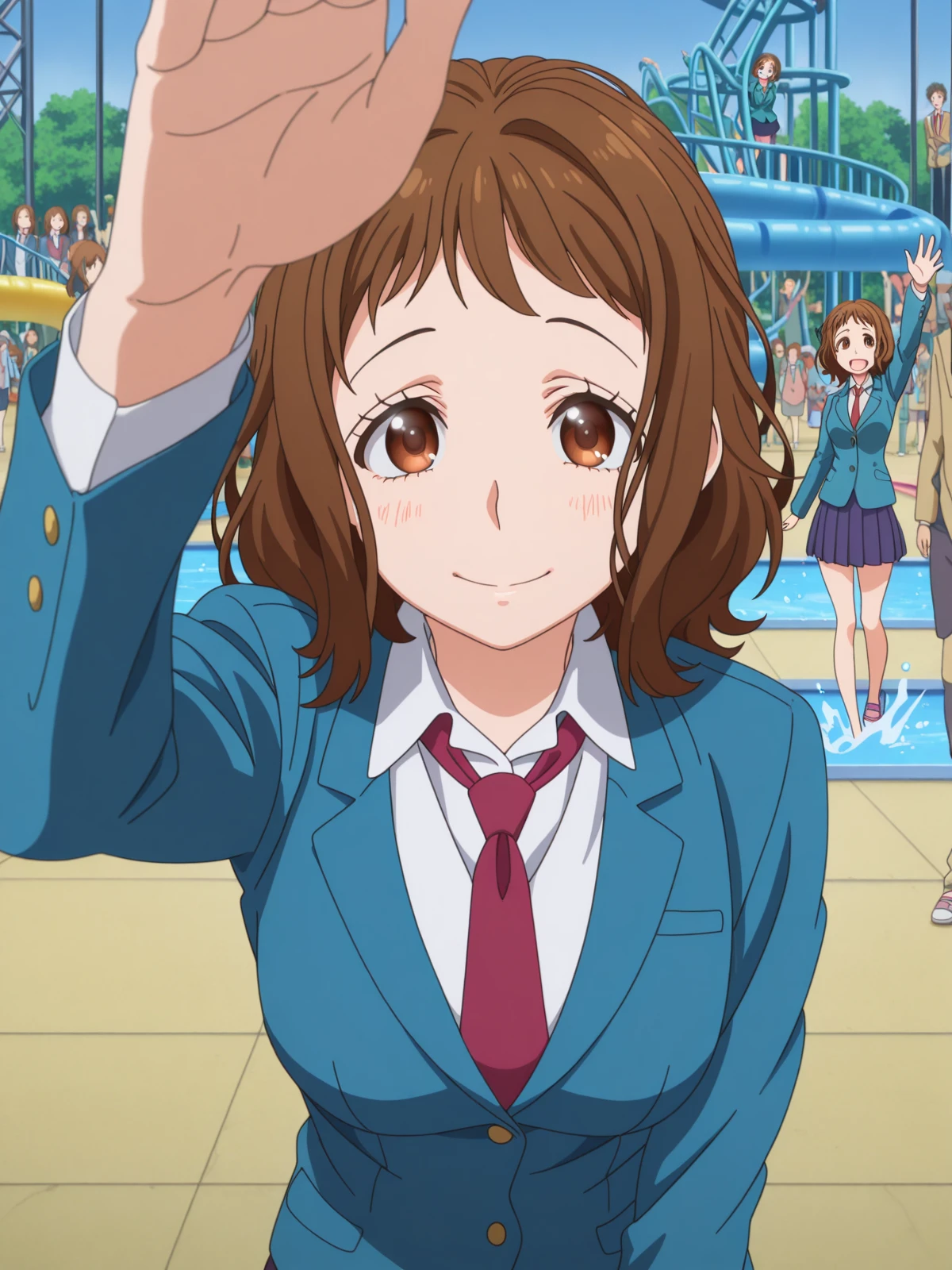 masterpiece, best quality, amazing quality,, <lora:miou-aida-movie-illustriousxl-lora-nochekaiser:1>, miou aida, short hair, brown hair, brown eyes, mature female, , anime screencap, skirt, jacket, pleated skirt, necktie, blazer, blue blazer, shirt, white shirt, collared shirt, red necktie, blue skirt,, <lora:incoming-headpat-illustriousxl-lora-nochekaiser:1>, incoming headpat, headpat, pov, outstretched arm, reaching, reaching towards viewer, looking at viewer, upper body, waterpark, slides, splash, fun, people, cowboy shot, solo, looking at viewer,