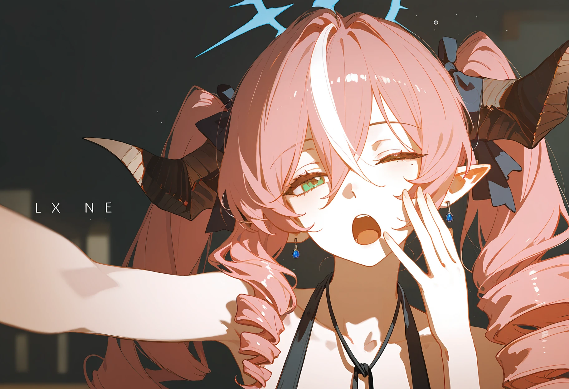 oil painting,impasto,highres,extremely detailed 8k wallpaper,illustration,great quality,masterpiece,best quality,amazing quality,very aesthetic,absurdres,wallpaper,detail eyes,
artist:dino_(dinoartforame),artist:konya_karasue,(artist:nixeu:0.8),(artist:wlop:0.5),artist:ciloranko BREAK
Dark fantasy style,1girl,solo,
<lora:æ±è:1>,demon horns,earrings,green eyes,hair between eyes,long hair,one mole under only one eye,pink hair,pointy ears,blue halo,horns,
SkinHairDetail,SkinDetail,OverallDetail,EyeDetail,shadows,high contrast,(portrait:1.3),taking selfie,selfie,solo,
(front view:1.2),streaked hair,white hair tip,white hair,(big drill hair:1.8),twintails,(sleepy:1.2),squinting,(open mouth wide:1.2),(black hanging collar:1.8),bare shoulders,text;Zzzz...,(black silk phnom penh ribbon:1.2),(hair ribbon:1.1),hair bow,bubble,yawning,palms,