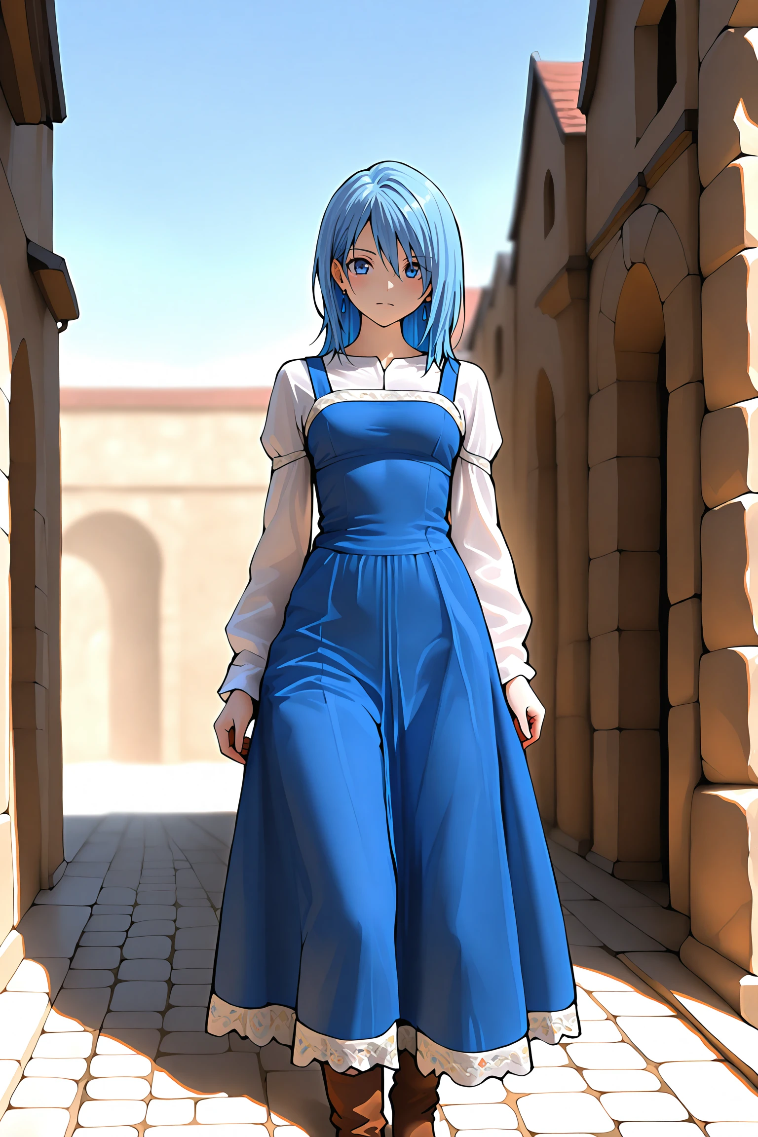 <lora:VeneAnsbachV2_illustrious:1>,sb_vene,white shirt, medium hair, earrings,blue dress, long dress, pinafore dress, long sleeves, 1girl, solo, simple background, boots,blue eyes,blue hair,jewelry, white trim,petticoat, <lora:80s_Fantasy_(Landscape)_(Illustrious)_(AD):1>,outdoors, fantasy,sky,looking at viewer,, masterpiece, best quality, amazing quality, newest,detailed face, beautiful eye