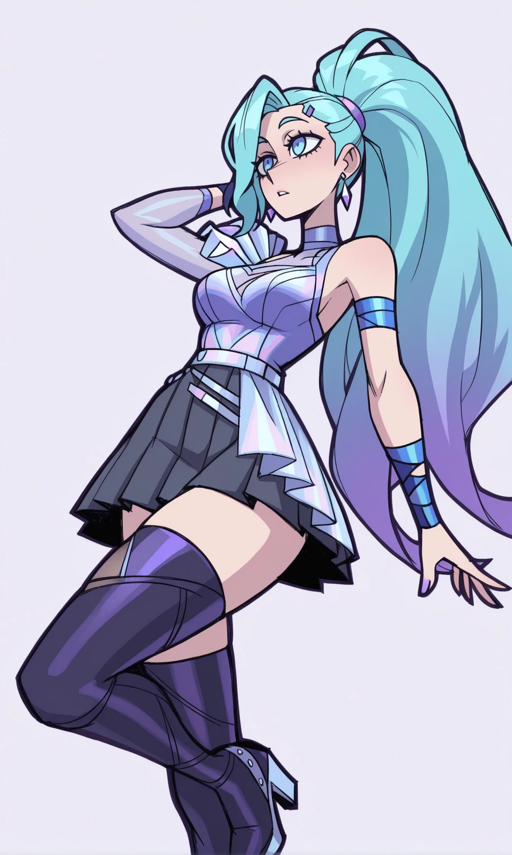 masterpiece, best quality, amazing quality, absurdres,
hips, sexy, sexy, horny, <lora:KDA_ALLO_SS_Seraphine-e100_s1300:1> KDA_A_O_SSt_Seraphene, long hair, aqua blue hair, high ponytail, side-swept bang, blue eyes, slim body, purple blue outfit ,sleeveless dress, crossed straps, dark pleated skirt, thigh-high boots, heels, blue arm bands , single sleeve, dynamic pose, sexy <lora:VanripperIllustriousXL_byKonan:1> vanripper