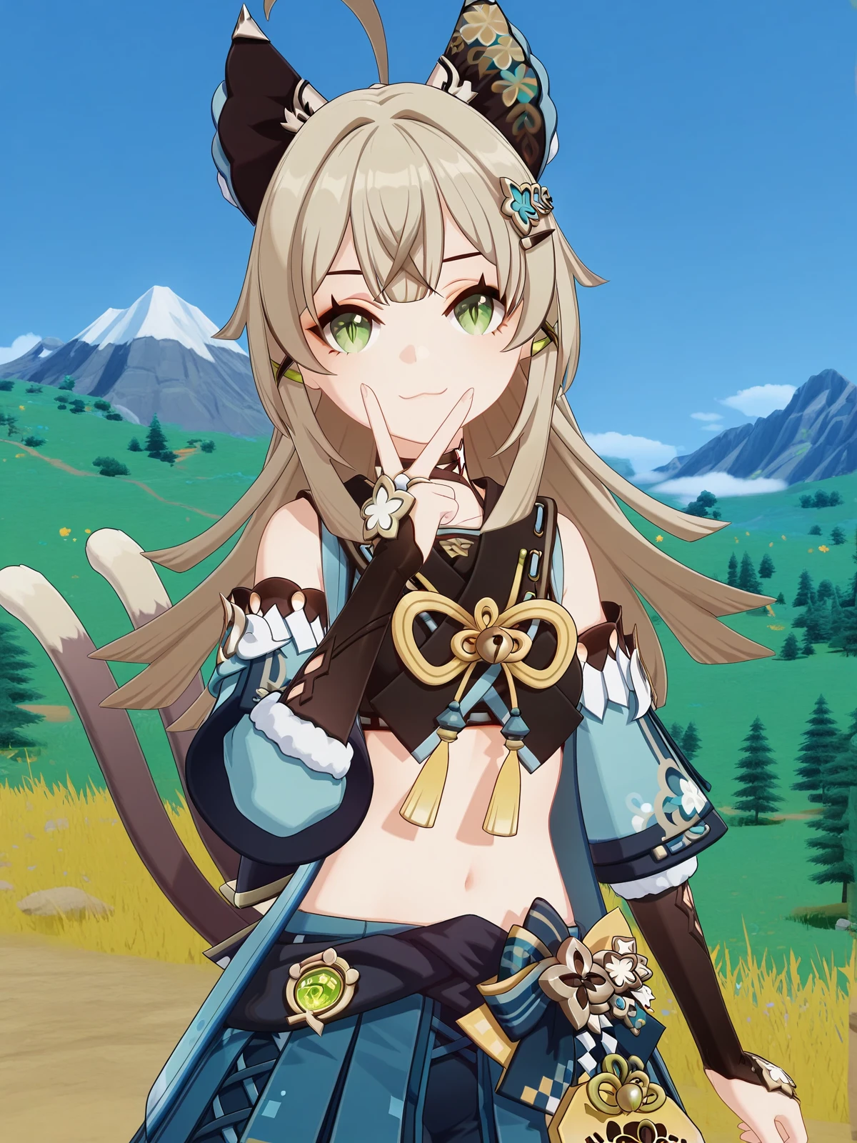 masterpiece, best quality, amazing quality,, <lora:genshin-kirara-ingame-illustriousxl-lora-nochekaiser:1>, kirara, kirara (genshin impact), long hair, brown hair, hair ornament, animal ears, green eyes, tail, ahoge, sidelocks, hairclip, cat ears, cat tail, light brown hair, cat girl, multiple tails, two tails, nekomata, mature female, small breasts, 3d, skirt, long sleeves, bare shoulders, pleated skirt, detached sleeves, choker, midriff, miniskirt, vest, crop top, blue skirt, black choker, black tank top, nekomata, sleeveless coat, v, v over mouth, smug,, mountain trail, hiking, nature, backpack, adventure, fresh air, cowboy shot, solo, looking at viewer,