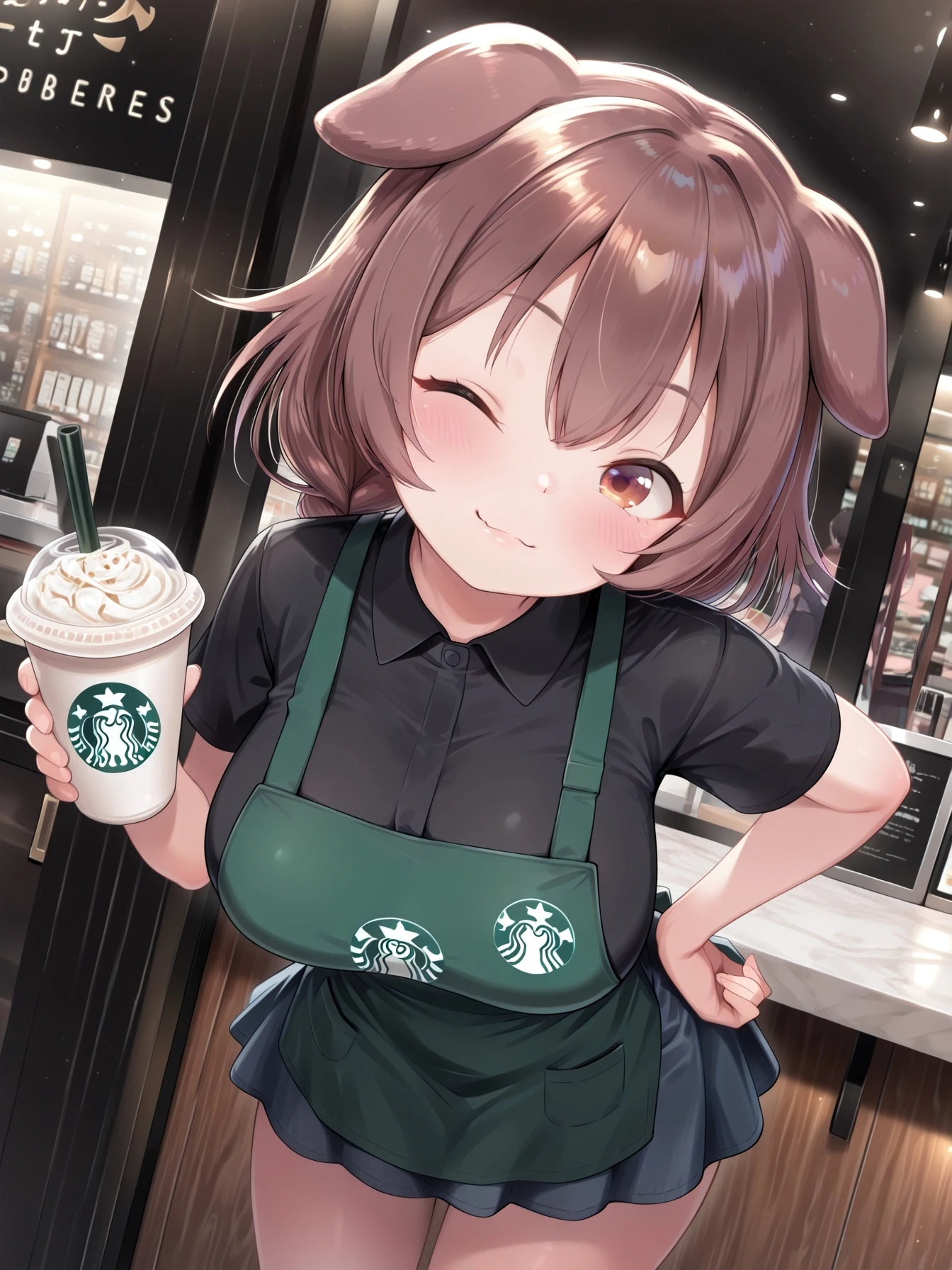 1girl, (inugami korone:1.1), , thick thighs, narrow waist, employee uniform, green apron, black shirt, collared shirt, short sleeves, skirt, starbucks siren (symbol), light smile, dutch angle,  pose, looking at viewer, restaurant, solo focus, one hand on , disposable cup, one hand holding coffee cup, portrait, dynamic pose, cowboy shot, head tilt,leaning forward, one eye closed, ZSA_IL_Pos,