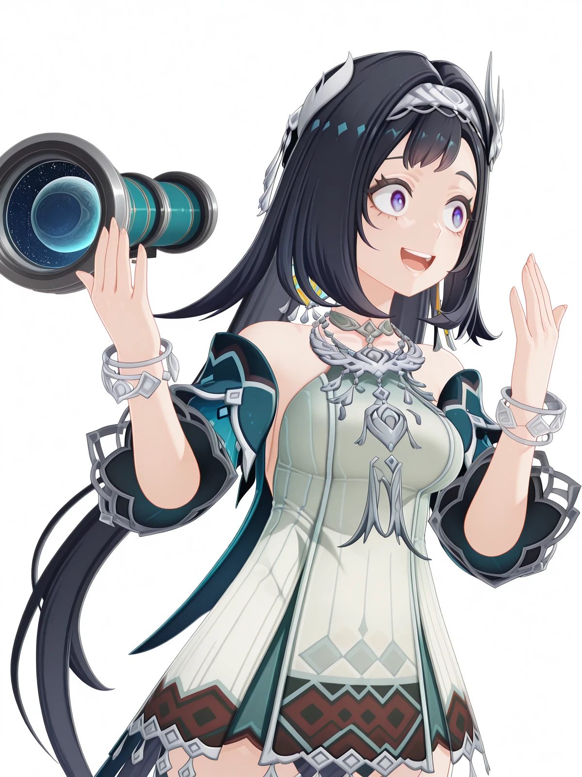 masterpiece, best quality, amazing quality,, <lora:genshin-lan-yan-ingame-illustriousxl-lora-nochekaiser:1>, lan yan, lan yan (genshin impact), long hair, black hair, hair ornament, purple eyes, hairband, mature female, medium breasts, 3d, skirt, dress, jewelry, jacket, white dress, necklace, bracelet, bracelet, <lora:you-dense-mf-illustriousxl-lora-nochekaiser:1>, you dense mf, solo, smile, teeth, meme, hands up, wide-eyed, looking to the side, open mouth, observatory, telescope, stars, space, roof, cowboy shot, solo, looking at viewer, <lora:transparent-background-illustriousxl-lora-nochekaiser:1>, transparent background, simple background, white background