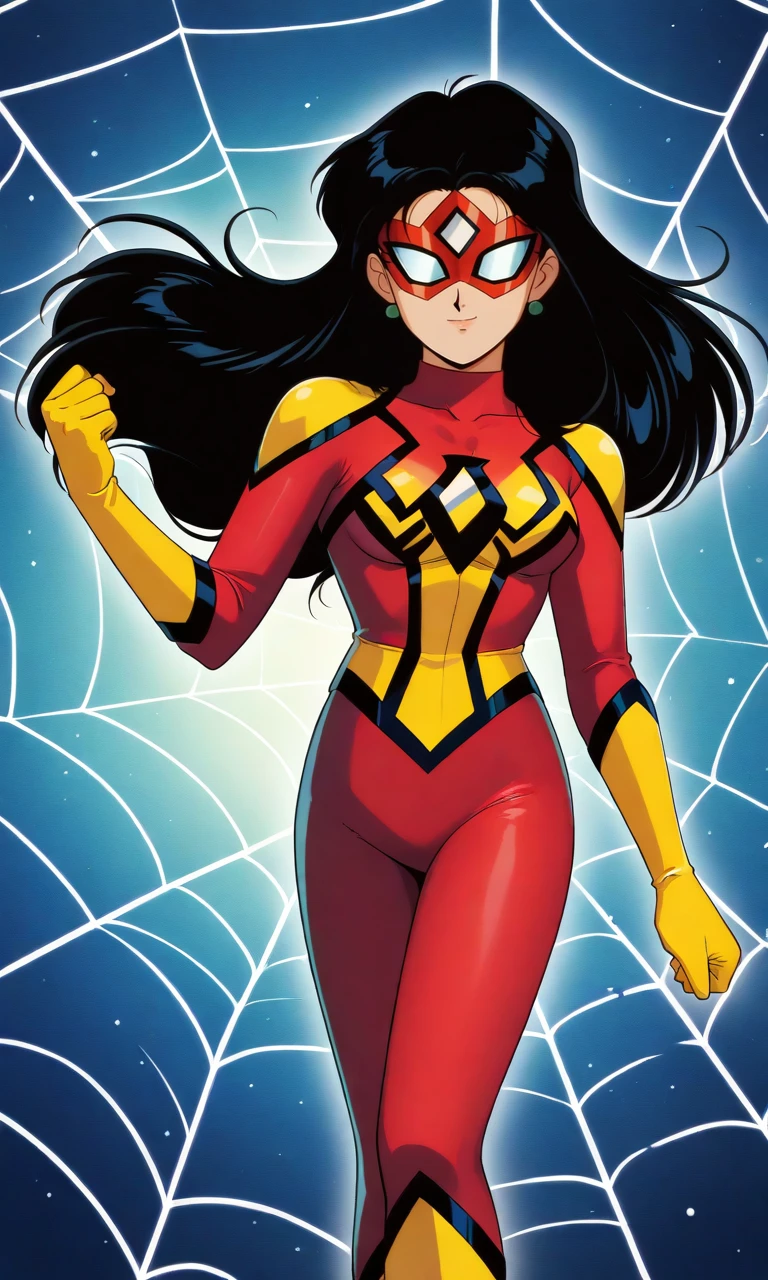 solo,S41l0rm00n, anime style, artstyle,Jessica Drew,1woman, black hair, mask,black trim,multicolored clothes, red , yellow , yellow gloves,spider-woman