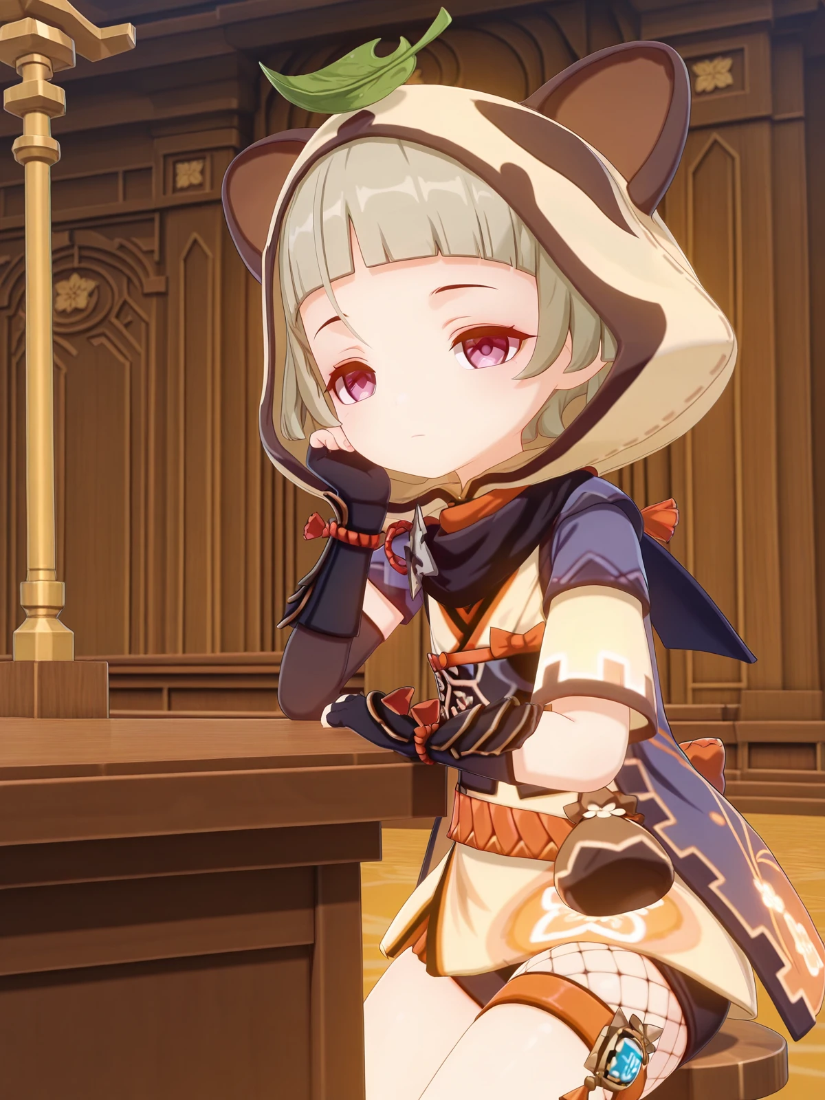 masterpiece, best quality, amazing quality,, <lora:genshin-sayu-ingame-illustriousxl-lora-nochekaiser:1>, sayu, sayu (genshin impact), short hair, purple eyes, tail, grey hair, blunt bangs, 3d, gloves, animal ears, tail, short sleeves, shorts, japanese clothes, black gloves, elbow gloves, hood, fingerless gloves, kimono, scarf, short shorts, fake animal ears, thigh strap, black shorts, leaf, fishnets, bike shorts, fake tail, animal hood, ninja, raccoon ears, short kimono, black scarf, leaf on head, raccoon tail, arm guards, yellow kimono, sitting, elbow rest, table,, courtroom, judge, witness_stand, audience, formality, cowboy shot, solo, looking at viewer,