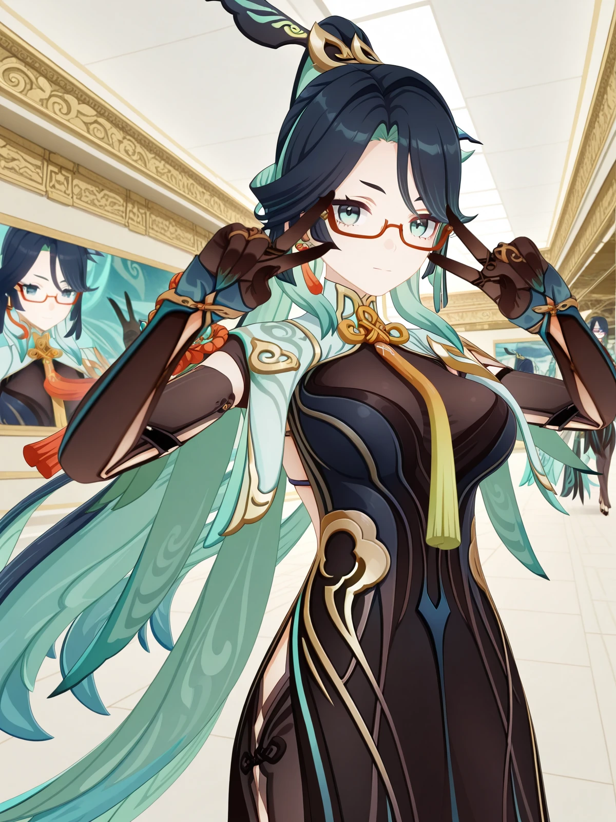 masterpiece, best quality, amazing quality,, <lora:genshin-xianyun-ingame-illustriousxl-lora-nochekaiser:1>, xianyun, xianyun (genshin impact), long hair, black hair, hair ornament, very long hair, blue hair, multicolored hair, green hair, glasses, two-tone hair, aqua eyes, aqua hair, colored inner hair, semi-rimless eyewear, red-framed eyewear, mature female, large breasts, 3d, long sleeves, gloves, dress, jewelry, earrings, black gloves, black dress, tassel, tassel earrings, v, v over eyes,, museum, exhibits, art, history, visitors, cowboy shot, solo, looking at viewer,