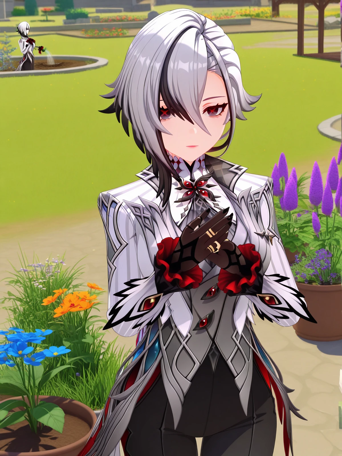 masterpiece, best quality, amazing quality,, <lora:genshin-arlecchino-ingame-illustriousxl-lora-nochekaiser:1>, arlecchino, arlecchino (genshin impact), short hair, black hair, hair between eyes, white hair, grey hair, multicolored hair, black eyes, two-tone hair, streaked hair, symbol-shaped pupils, red pupils, x-shaped pupils, mature female, large breasts, 3d, long sleeves, gloves, jacket, black gloves, pants, coat, black pants, suit,, hands on own chest,, gardening, watering plants, backyard, flowers blooming, sunny day, cowboy shot, solo, looking at viewer,