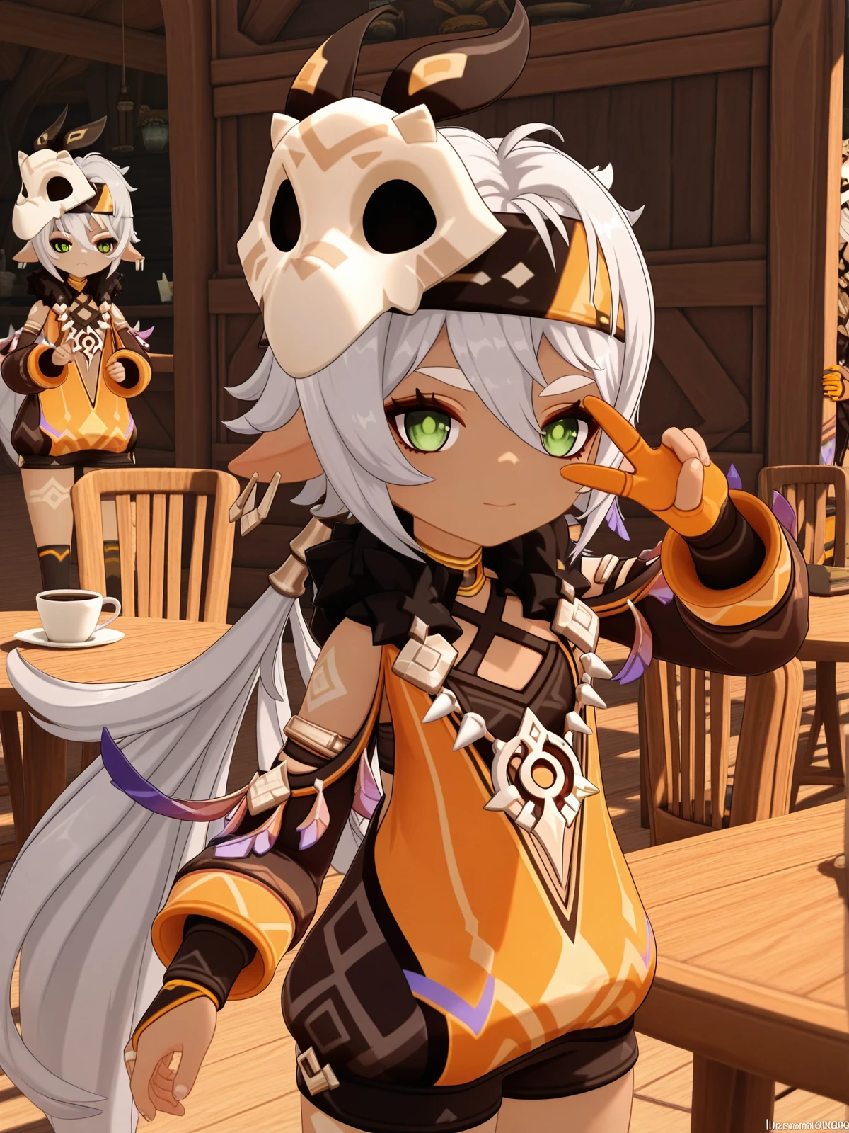 masterpiece, best quality, amazing quality,, <lora:genshin-iansan-ingame-illustriousxl-lora-nochekaiser:1>, iansan, iansan (genshin impact), long hair, hair ornament, hair between eyes, very long hair, green eyes, white hair, grey hair, ponytail, pointy ears, dark skin, dark-skinned female, 3d, long sleeves, gloves, jewelry, earrings, shorts, fur trim, mask, headband, feathers, feather hair ornament, mask on head, orange gloves, tooth necklace, v, v over eyes,, cafe, coffee, table, chairs, casual, cowboy shot, solo, looking at viewer,