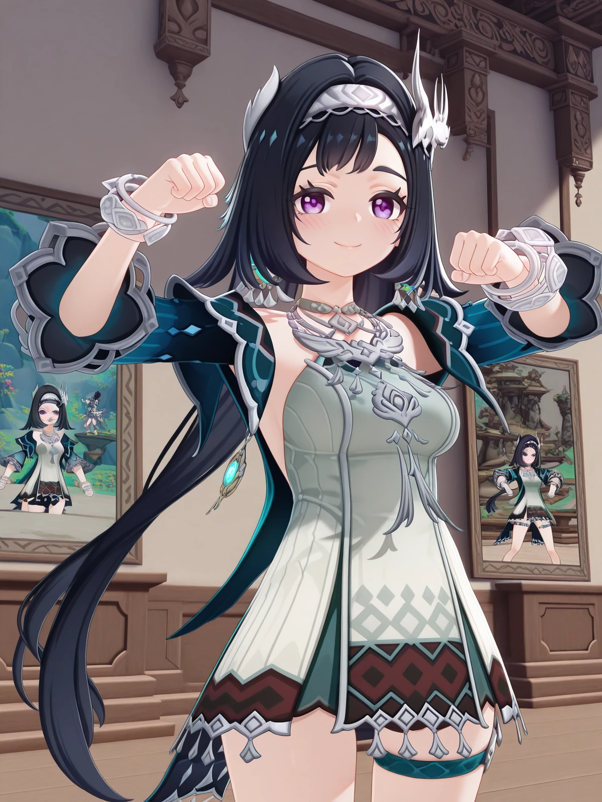 masterpiece, best quality, amazing quality,, <lora:genshin-lan-yan-ingame-illustriousxl-lora-nochekaiser:1>, lan yan, lan yan (genshin impact), long hair, black hair, hair ornament, purple eyes, hairband, mature female, medium breasts, 3d, skirt, dress, jewelry, jacket, white dress, necklace, bracelet, bracelet, <lora:mochi-mochi-dance-illustriousxl-lora-nochekaiser:1>, mochi mochi dance, clenched hands, hands up, smile, blush, art gallery, paintings, sculptures, exhibits, quiet, cowboy shot, solo, looking at viewer,