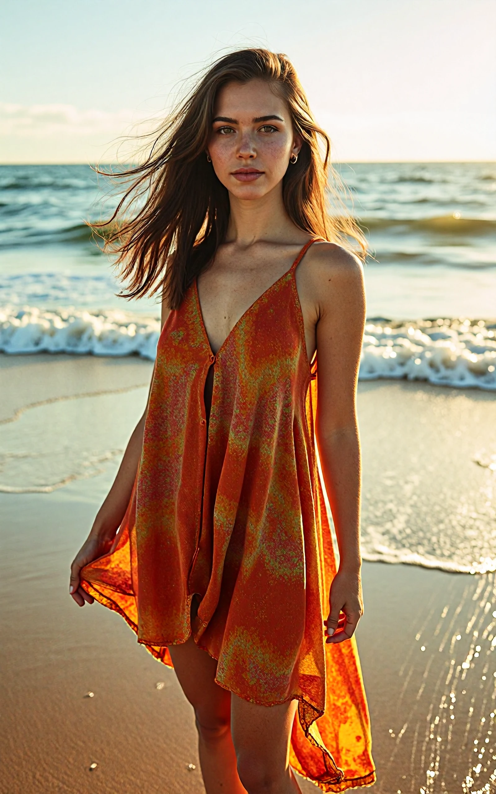 Portrait photography in the style of Steve McCurry — rich, cinematic color grading with deep, saturated tones and strong contrast, capturing a soulful, sunlit seaside moment. An 18-year-old young woman with realistic proportions and accurate anatomy, standing barefoot on a sandy beach with the ocean stretching behind her. Her face is sharply in focus, eyes vivid and expressive, gazing directly into the camera with a sense of calm confidence. She wears a flowing, vividly colored dress with textured fabrics that catch the wind, the warm tones of the fabric contrasting beautifully with the cool blues of the sea and sky. The background shows gentle waves breaking near the shore, with soft golden-hour light casting a warm glow across her skin and hair. The wind creates natural movement in her hair and clothing, adding energy to the scene. Captured with an 85mm lens, f/2.8, ultra-fine detail in facial features, fabric texture, and reflections in the water. The mood is timeless and poetic, blending human emotion with the vast beauty of nature.