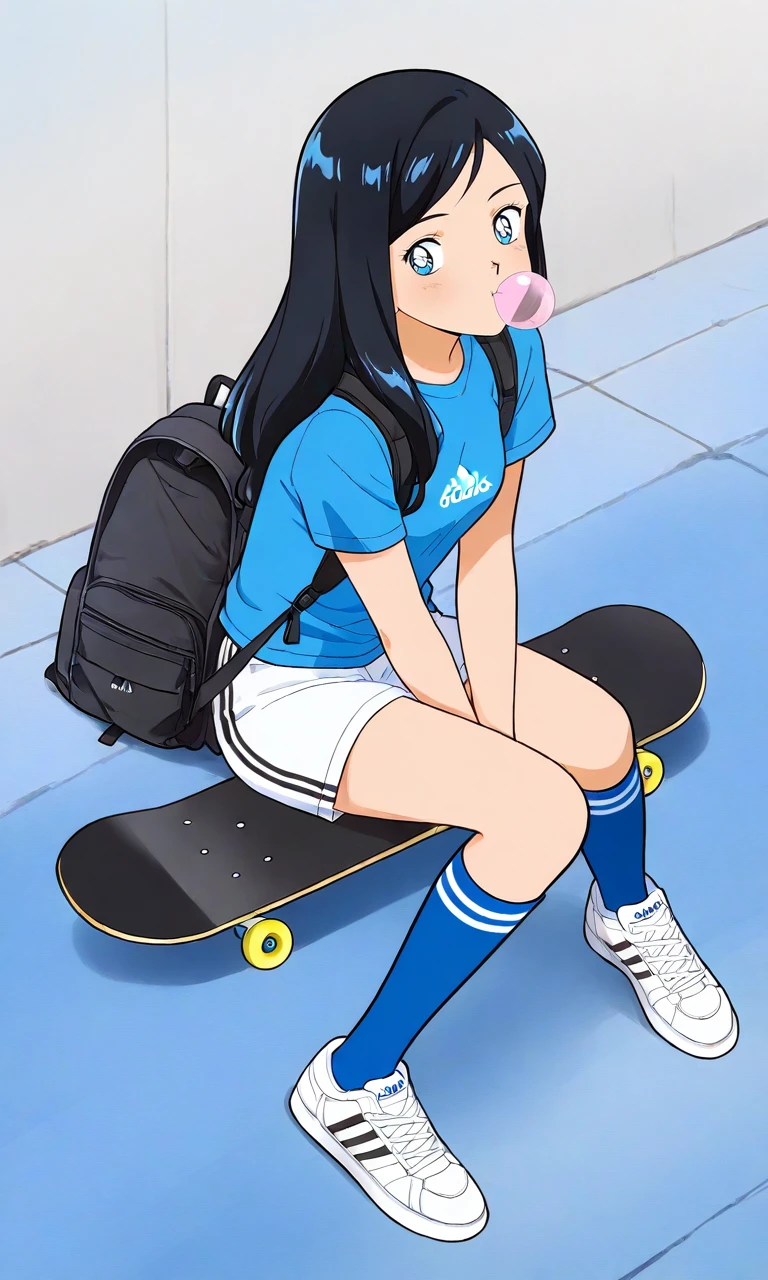 solo,S41l0rm00n, anime style, artstyle,1girl,black hair,long hair,swept bangs,blue eyes,skateboard, adidas, backpack, bag, between legs,black bag,white shorts, chewing gum, duffel bag, from above, full body, hand between legs,blue kneehighs