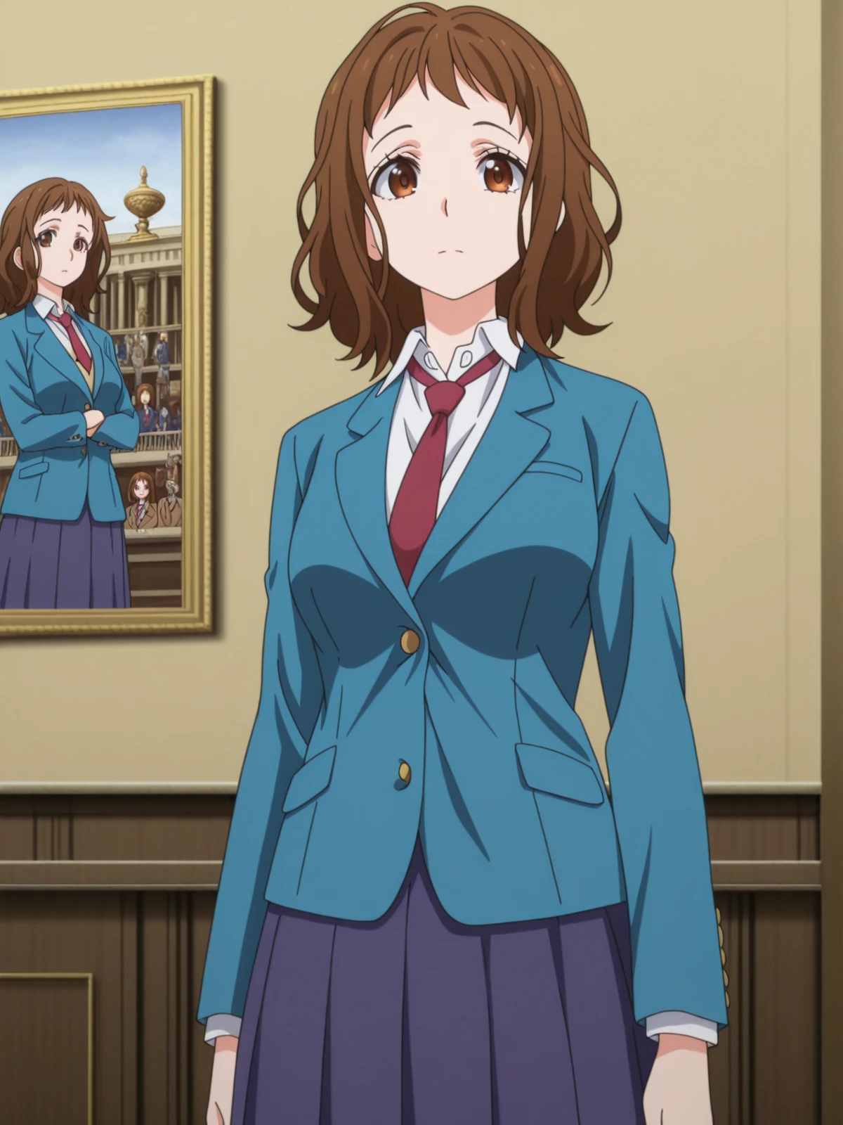 masterpiece, best quality, amazing quality,, <lora:miou-aida-movie-illustriousxl-lora-nochekaiser:1>, miou aida, short hair, brown hair, brown eyes, mature female, , anime screencap, skirt, jacket, pleated skirt, necktie, blazer, blue blazer, shirt, white shirt, collared shirt, red necktie, blue skirt,, <lora:dynamic-pose-illustriousxl-lora-nochekaiser:1>, dynamic pose, incoming attack, cowboy shot, museum, art exhibit, paintings, observing, quiet contemplation, cultural experience, cowboy shot, solo, looking at viewer,