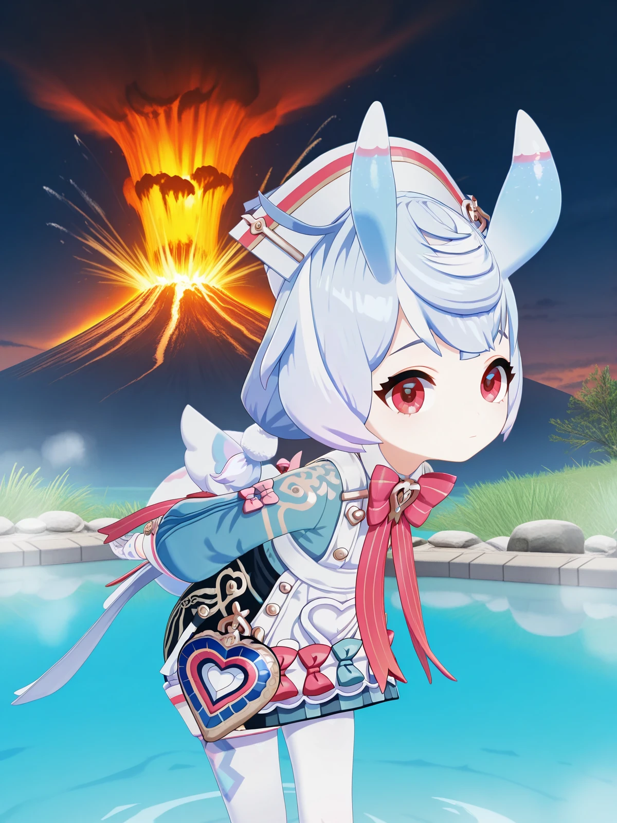 masterpiece, best quality, amazing quality,, <lora:genshin-sigewinne-ingame-illustriousxl-lora-nochekaiser:1>, sigewinne, hair ornament, red eyes, animal ears, twintails, blue hair, purple hair, multicolored hair, gradient hair, low twintails, short twintails, pom pom hair ornament, 3d, long sleeves, gloves, dress, hat, bow, pantyhose, puffy sleeves, white gloves, bowtie, apron, blue dress, white headwear, pink bow, white apron, white pantyhose, pom pom (clothes), nurse cap, pink bowtie, aqua dress,, hands behind back, bent over,, geyser, steam, water, hot_spring, eruption, cowboy shot, solo, looking at viewer,