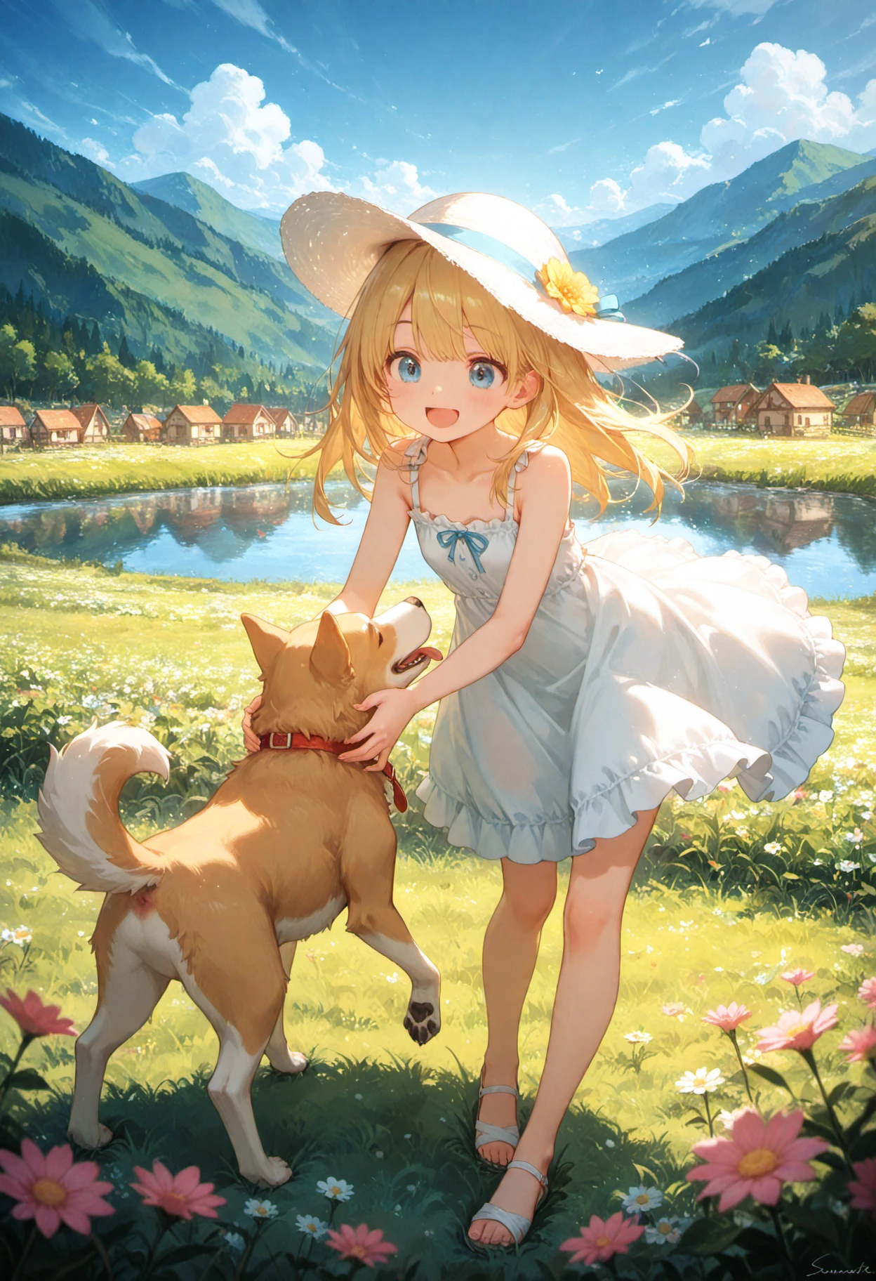 masterpiece, best quality, very aesthetic,  1girl, sundress, happy, dog, nature, outdoors,  full body, flowers, meadow, river, village, playing, blonde hair,
