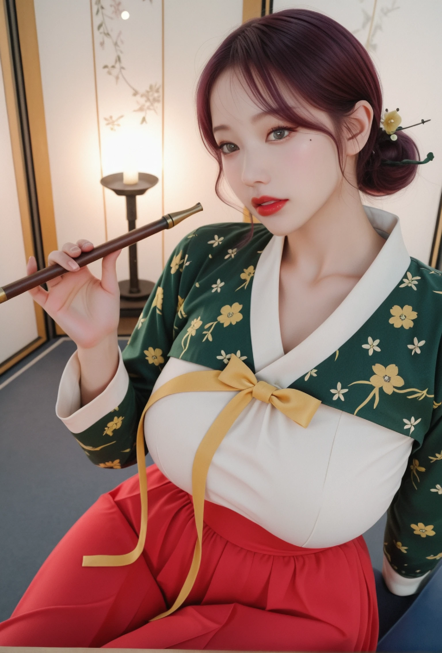 embedding:lazypos.ddTq,
masterpiece, ultra-HD, photorealistic, high detail, best quality, 8k, best quality, sharp focus, ray-tracing,
realistic, depth of field, 8k, HD, RAWphoto, photorealistic, ultra detailed, intricate details, absurdres, hires textures, depth of field, vibrant colors, perfect anatomy, perfect composition,
1girl, Hwakyung, solo, milf, narrow_waist, wide_hips, huge thighs, thick_thighs, collarbone, massive breasts, hanging_breasts, sagging_breasts, breasts covered,
purple_hair, hair_bun, low bun, hair-ornament, floral_hair_ornament, hairpin, wavy_hair, slightly_wavy_hair, loose_strand, hair_strands_over_face, long_eyelashes, silver_eyes, red lipstick, parted lips, wavy mouth, massive breasts, thick thighs, collarbone, thick thighs, sexy body, narrow waist, wide hips, huge thighs, sagging breasts, beauty_mark_under_eye, mole under eye, seductive face, looking at viewer,
(hanbok, green jacket, yellow floral pattern on jacket, floral_pattern, yellow_bow, red_skirt, long skirt), holding pipe, smoking,
sitting, knees together, cowboy_shot, dutch_angle, from above,
indoor, folding_screen, korean_architecture, dim lighting, dusk, bokeh, candlelight, female focus,
realistic,