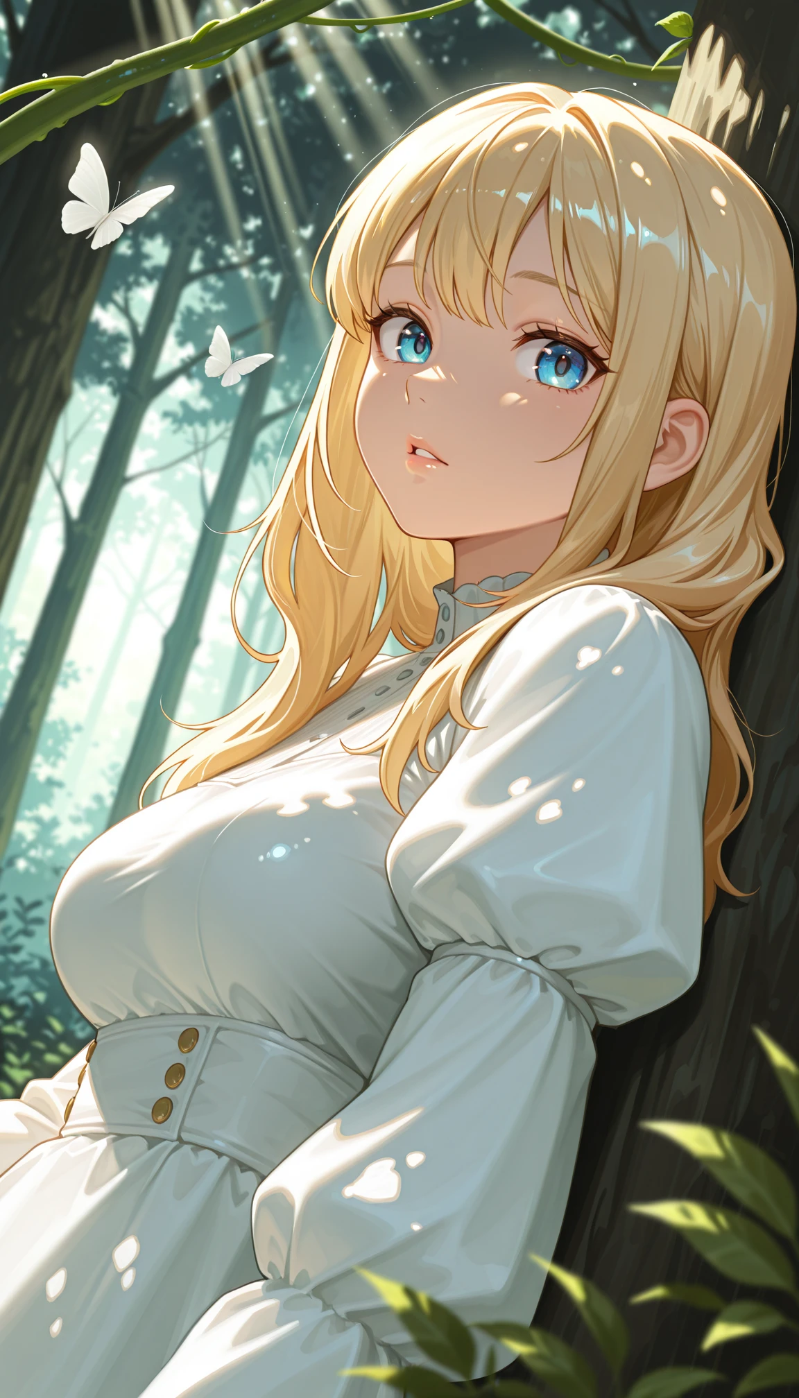 masterpiece, best quality, amazing quality, very aesthetic, 4k, high resolution, ultra-detailed, absurdres, newest, scenery, (dappled sunlight:1.2), rim light, backlit, dramatic shadow, 1girl, long blonde hair, blue eyes, shiny eyes, parted lips, medium breasts, puffy sleeve white dress, forest, flowers, white butterfly, looking at viewer, leaning side against tree, vines, green, arms, upper body, close-up, dutch angle, shiny skin, BREAK, eyes, lips, dramatic shadow, depth of field, vignetting, volumetric lighting