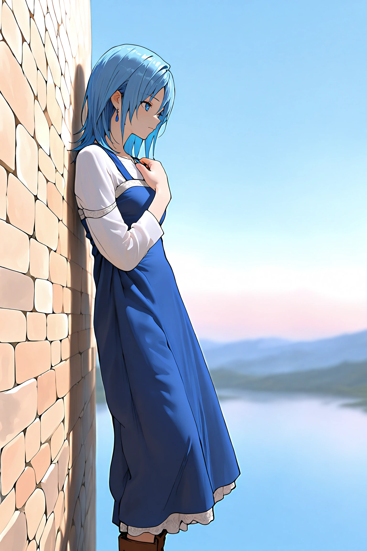 <lora:VeneAnsbachV2_illustrious:1>,sb_vene,white shirt, medium hair, earrings,blue dress, long dress, pinafore dress, long sleeves, 1girl, solo, simple background, boots,blue eyes,blue hair,jewelry, white trim,petticoat, <lora:80s_Fantasy_(Landscape)_(Illustrious)_(AD):1>,outdoors, fantasy,sky, masterpiece, best quality, amazing quality, newest,detailed face, beautiful eye