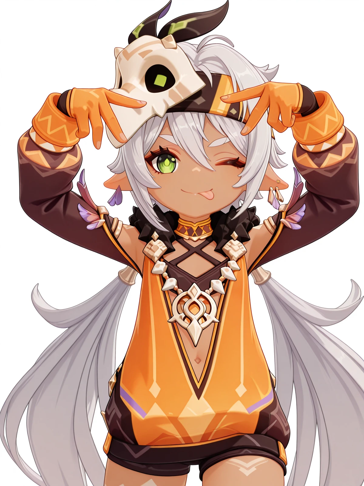 masterpiece, best quality, amazing quality,, <lora:genshin-iansan-ingame-illustriousxl-lora-nochekaiser:1>, iansan, iansan (genshin impact), long hair, hair ornament, hair between eyes, very long hair, green eyes, white hair, grey hair, ponytail, pointy ears, dark skin, dark-skinned female, 3d, long sleeves, gloves, jewelry, earrings, shorts, fur trim, mask, headband, feathers, feather hair ornament, mask on head, orange gloves, tooth necklace, <lora:hoshino-ais-pose-illustriousxl-lora-nochekaiser:1>, hoshino ai's pose, solo, looking at viewer, smile, closed mouth, one eye closed, tongue, tongue out, hands up,, casino, games, lights, chips, luck, cowboy shot, solo, looking at viewer, <lora:transparent-background-illustriousxl-lora-nochekaiser:1>, transparent background, simple background, white background