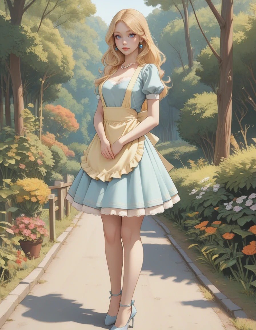 masterpiece, best quality,  <lora:myLovelyBlond:0.8> 1girl, long hair, blond hair, blue eyes,
outdoor, nature,
 <lora:50sHousewife-IL:0.6> 50shous3wif3, jewelry, earrings, apron, high heels, dress, short sleeves, makeup, puffy sleeves