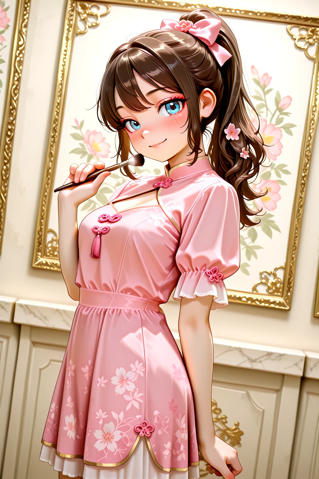 masterpiece, best quality, amazing quality, 1girl, solo, makeup, general, cowboy shot, looking at viewer, blush, dramatic angle, smile, hold brush, museum, from side, <lora:Hanasaki_Himari_OC:0.8>, Hanasaki_Himari_OC, long hair, blue eyes, brown hair, high ponytail, hair intakes, hair bow, pink bow, hair flower, pink flower, hair ornament, sidelocks, breasts, <lora:Royal_Girly_China_Dress:1>, Royal_Girly_China_Dress, dress, short sleeves, pink dress, chinese clothes, floral print, china dress, clothing cutout, white puffy sleeves, cleavage cutout, see-through, white socks, <lora:wai-A3-V140:1>, <lora:illustrious_noobai_epsilon_pred_1_masterpieces_v1:1>