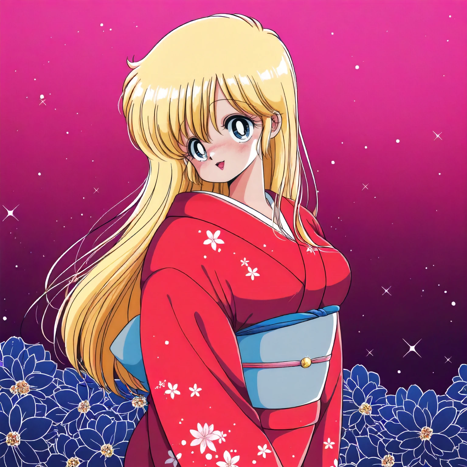 <lora:1+2P_nakamura_yukaXLIllustrious002>,
masterpiece,best quality,good quality,newest,
flower background,glitter,
smile,open mouth,
looking at viewer,
solo,
anime coloring,retro artstyle,1980s (style),
nakamura_yuka\(1+2=paradise\),1girl,blonde hair,long hair,blue eyes,lips,
cowboy shot,
standing,
print_kimono,red kimono,floral kimono,