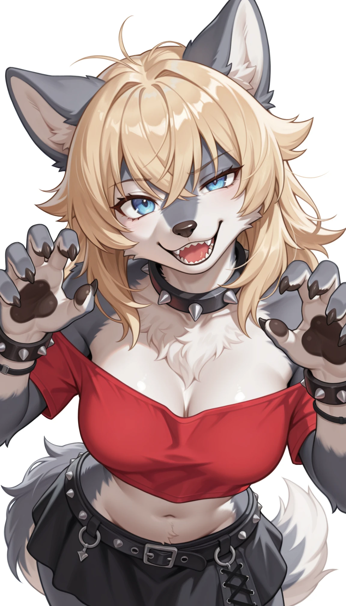 masterpiece, best quality, amazing quality, very aesthetic, 4k, high resolution, ultra-detailed, absurdres, newest, scenery, 1girl, furry, anthro, solo, wolf girl, gray wolf, gray fur, medium breasts, thick thighs, medium hair, blonde hair, crossed bangs, messy hair, hair flaps, blue eyes, uneven eyes, tsurime, smug, open mouth, sharp teeth, loose crop-top off-shoulder red shirt, navel, lowleg black skirt, spiky collar, punk bracelets, spiky crossed belts, paws, claws, fluffy tail, from above, dutch angle, fisheye, contrapposto, legs apart, head tilt, hip tilt, twisted torso, leaning forward, w arms, claw pose, portrait, upper body, close-up, face focus, white background, BREAK, detailed fluffy fur, photorealistic details, volumetric lighting