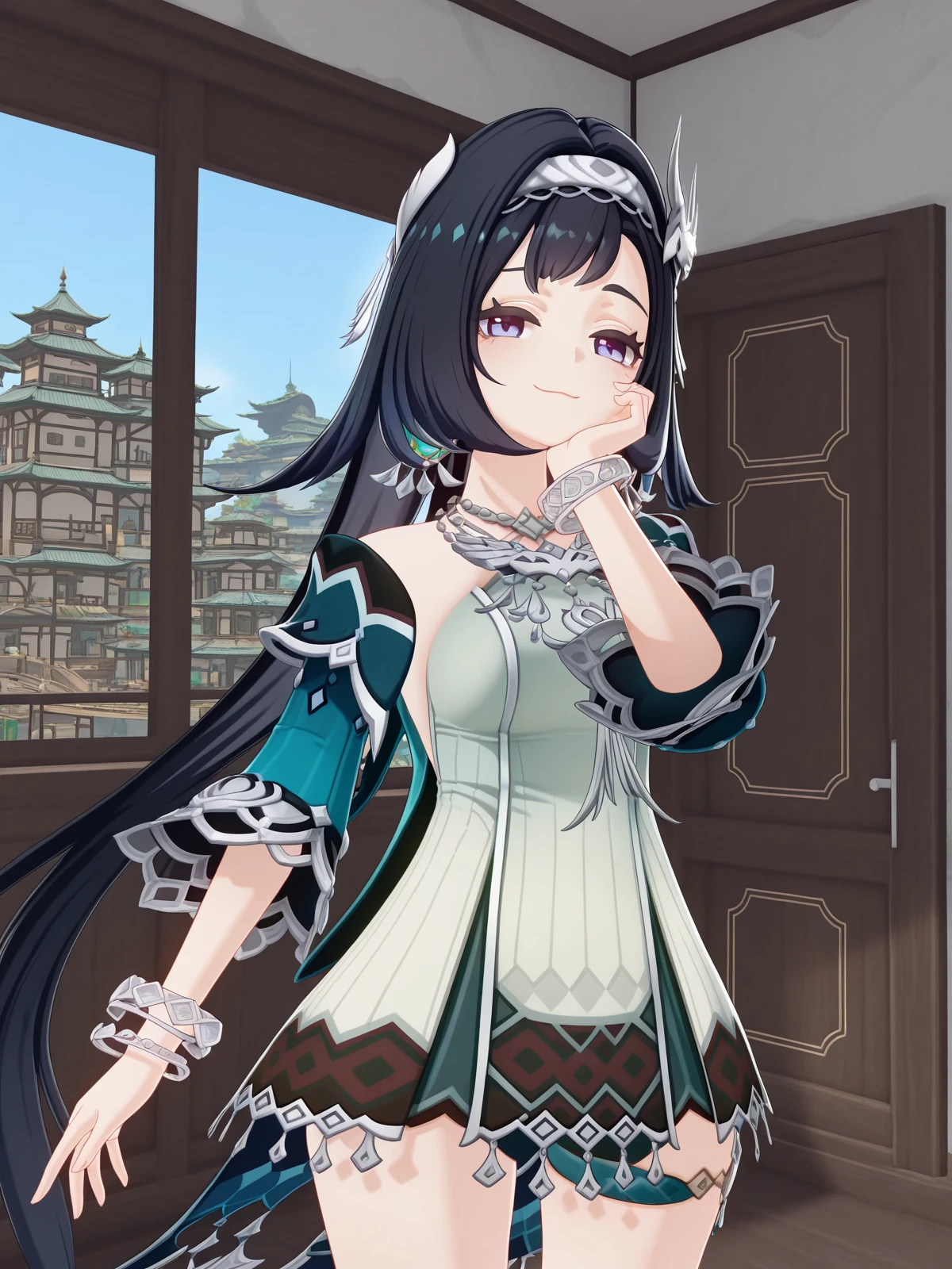 masterpiece, best quality, amazing quality,, <lora:genshin-lan-yan-ingame-illustriousxl-lora-nochekaiser:1>, lan yan, lan yan (genshin impact), long hair, black hair, hair ornament, purple eyes, hairband, mature female, medium breasts, 3d, skirt, dress, jewelry, jacket, white dress, necklace, bracelet, bracelet, head rest, smug, apartment, building, rooms, residents, balconies, cowboy shot, solo, looking at viewer,