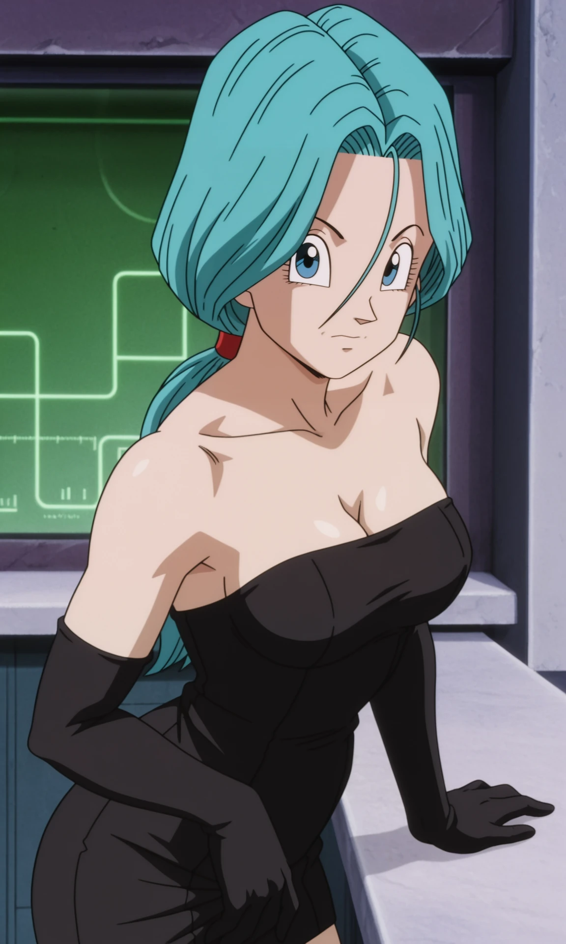 bulma (future), 1girl, mature female, long hair, low ponytail, looking at viewer, black dress, tube dress, medium breasts, cleavage, bare shoulders, elbow gloves, black gloves, standing, sexy, indoors, bar (place), bar, hand support, pose, blurry, anime coloring, anime screencap, masterpiece, best quality, highres, highly detailed, intricate details, absurdres, very awa, very aesthetic, newest