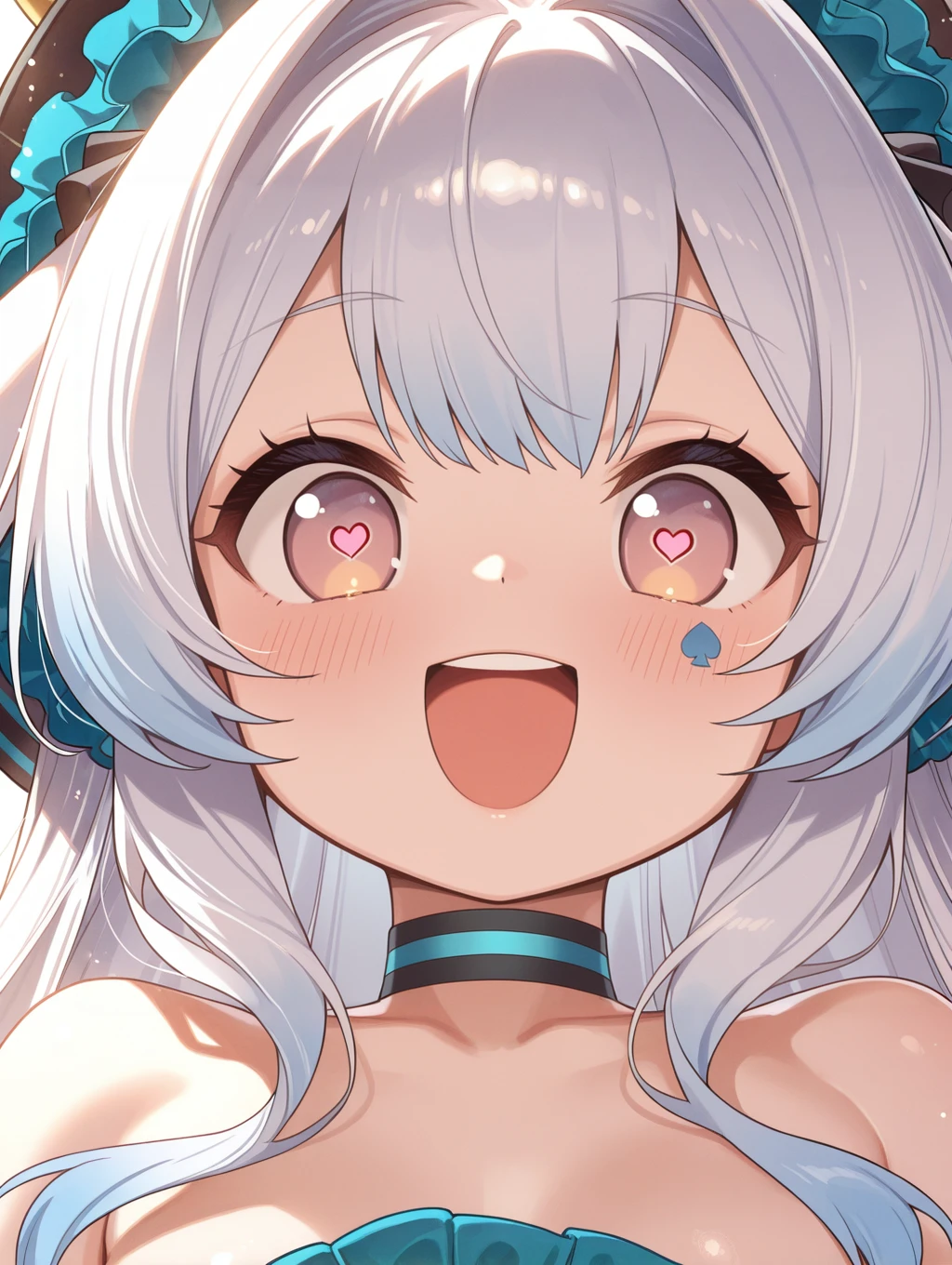 malice pawn march hare, solo, 1girl, open mouth, smile, sidelocks, head only, chibi, :d, white background, simple background, blush, rabbit ears, blue spade facial mark, black headdress, heart-shaped pupils,
masterpiece,best quality,amazing quality,very aesthetic,absurdres,newest,scenery,extreme detail,8k,light particles,soft lighting,volumetric lighting,intricate details,finely detailed,<lora:MALICE Pawn March Hare illusXL v2:0.75>,