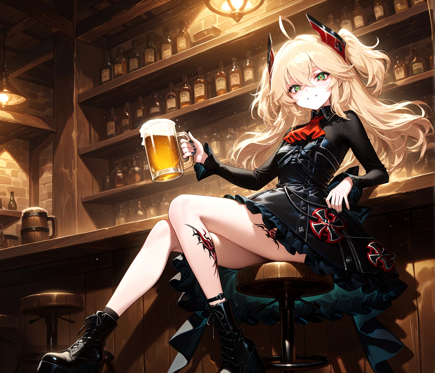 masterpiece, best quality, anime, BREAK 1girl, solo, <lora:Dramatic Lighting Slider:4>,sitting, holding beer mug, smile, <lora:Tyber_Hipper Meta_AL_NOOB:1> HipperMETA, long hair, blonde hair, two-side up, hair between eyes, ahoge, green eyes, red pupils, bags under eyes, tsundere, small breasts, headgear, black collared shirt, long sleeves, red ascot, black sleeveless dress, frilled dress, short dress, chest strap, black nails, iron cross, ankle strap, black lace-up platform boots,leg tattoo,
indoors, tavern, beer mug, bar stool, bar \(place\), alcohol,shelf,