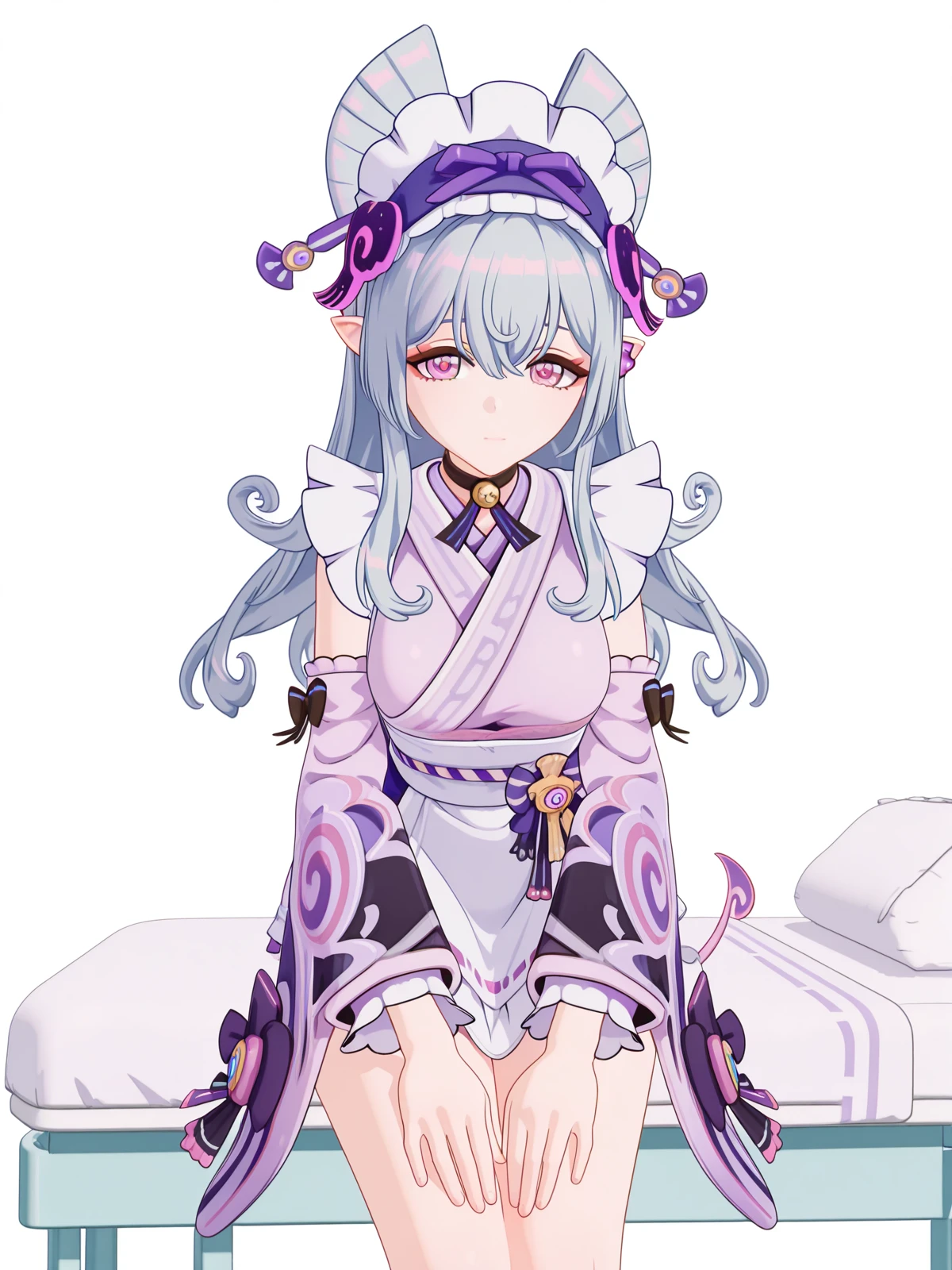 masterpiece, best quality, amazing quality,, <lora:genshin-mizuki-yumemizuki-ingame-illustriousxl-lora-nochekaiser:1>, mizuki yumemizuki, long hair, purple eyes, tail, grey hair, hairband, pointy ears, pink eyes, mature female, medium breasts, 3d, long sleeves, bow, frills, detached sleeves, japanese clothes, wide sleeves, kimono, apron, maid, sash, maid headdress, white apron, waist apron, purple kimono, wa maid, hands on own knees, hospital room, bedside, get well flowers, comforting, quiet, cowboy shot, solo, looking at viewer, <lora:transparent-background-illustriousxl-lora-nochekaiser:1>, transparent background, simple background, white background