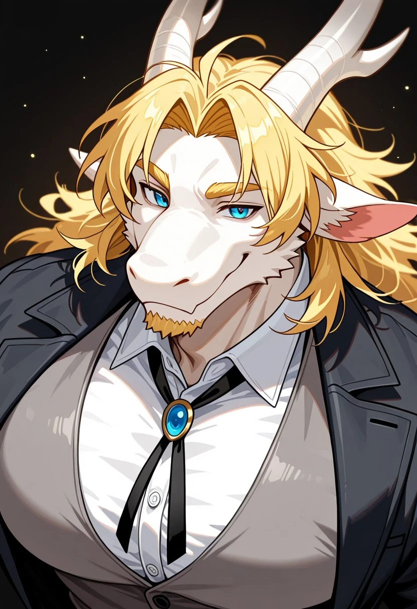 best quality, amazing quality, very aesthetic, 1boy, solo, furry, male, anthro, Anthropomorphic Dragon, ((white body, white skin)), blonde hair, white horns, blue eyes, muscular male, large pectorals, huge pectorals, male focus, anthro, furry male, mature male, animal ears, ((White Undershirt, Gray Vest, Black Butler Coat, Black Bolo Tie, Pink Oval Broach))

BREAK close up, face focus, smile, 1/2 view, smiling, simple black background

BREAK natural lighting, depth of field, blurry foreground, motion blur, very awa, masterpiece, best quality, absurdres, newest, perfect quality, detailed background, intricate details, detailed background, masterpiece, best quality, absurdres, newest, perfect quality, best quality, intricate details, highres, 4k quality, HD, newest, Fur7yF0cu5, civifur